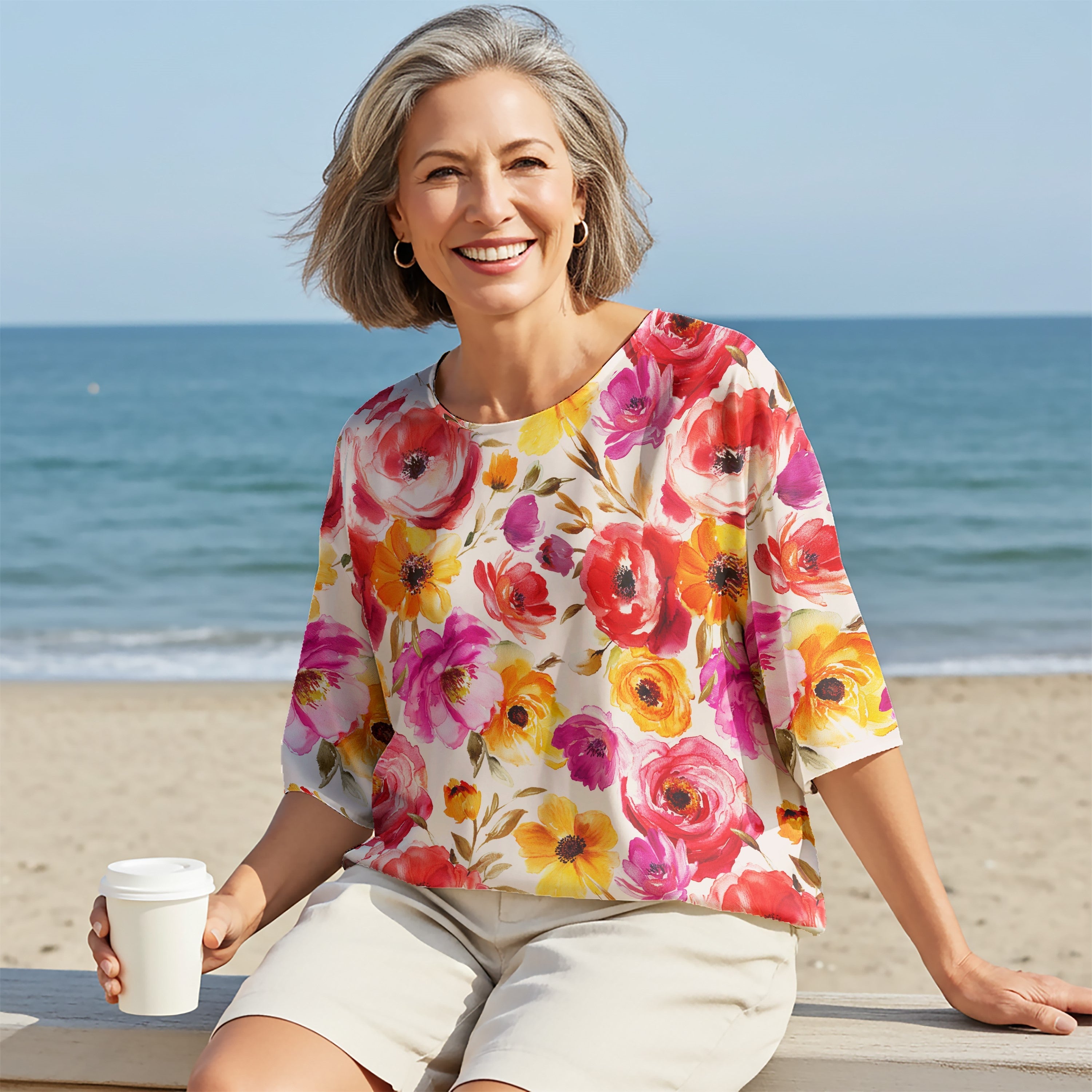 Women Casual Blouse Elbow Sleeve Round Neck Button-Back 100% Tencel Aloha Blossoming Charm In Full Bloom