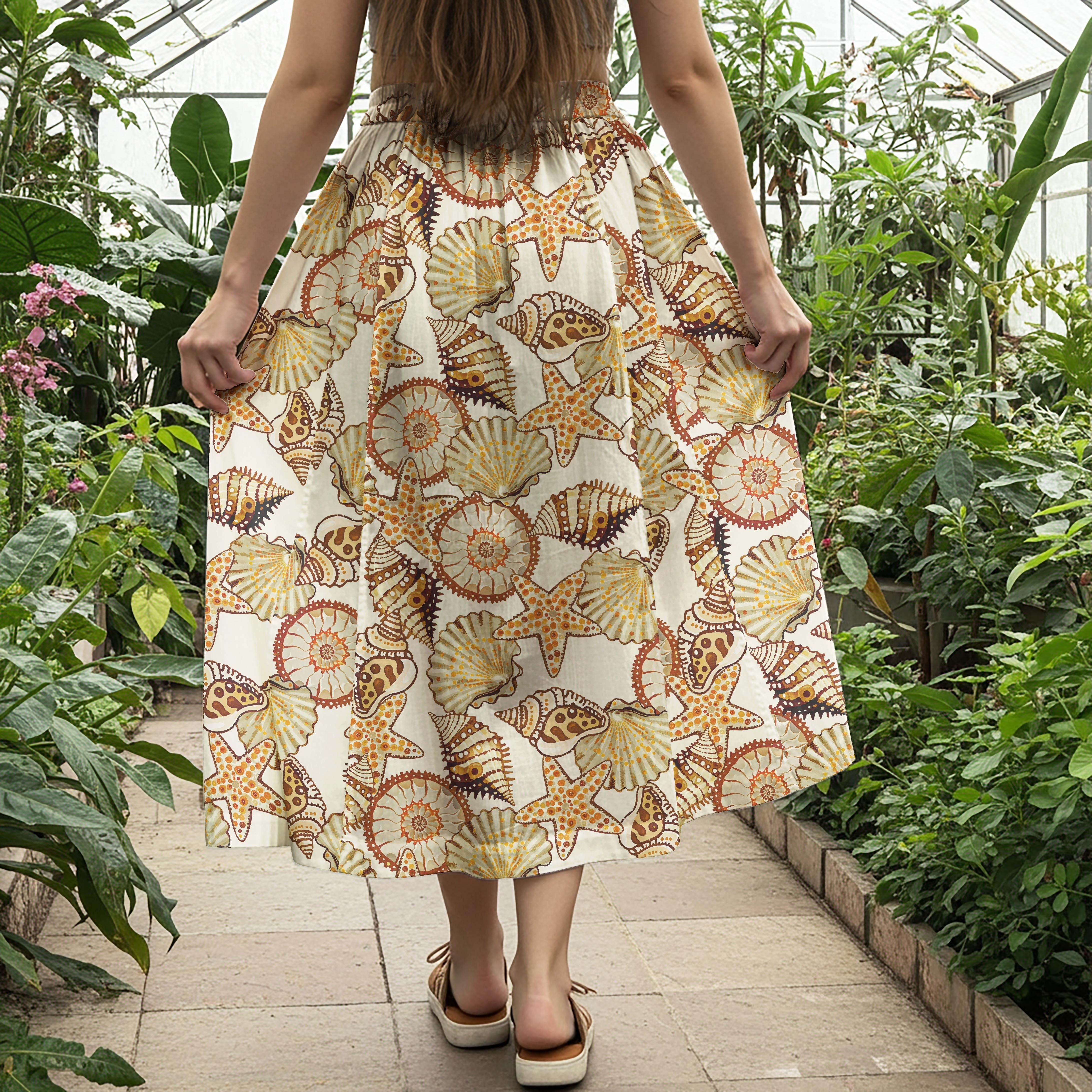 Women Casual Maxi Skirt Long Elastic Waist with Pockets 100% Cotton Yellow Aloha Shell Serenade