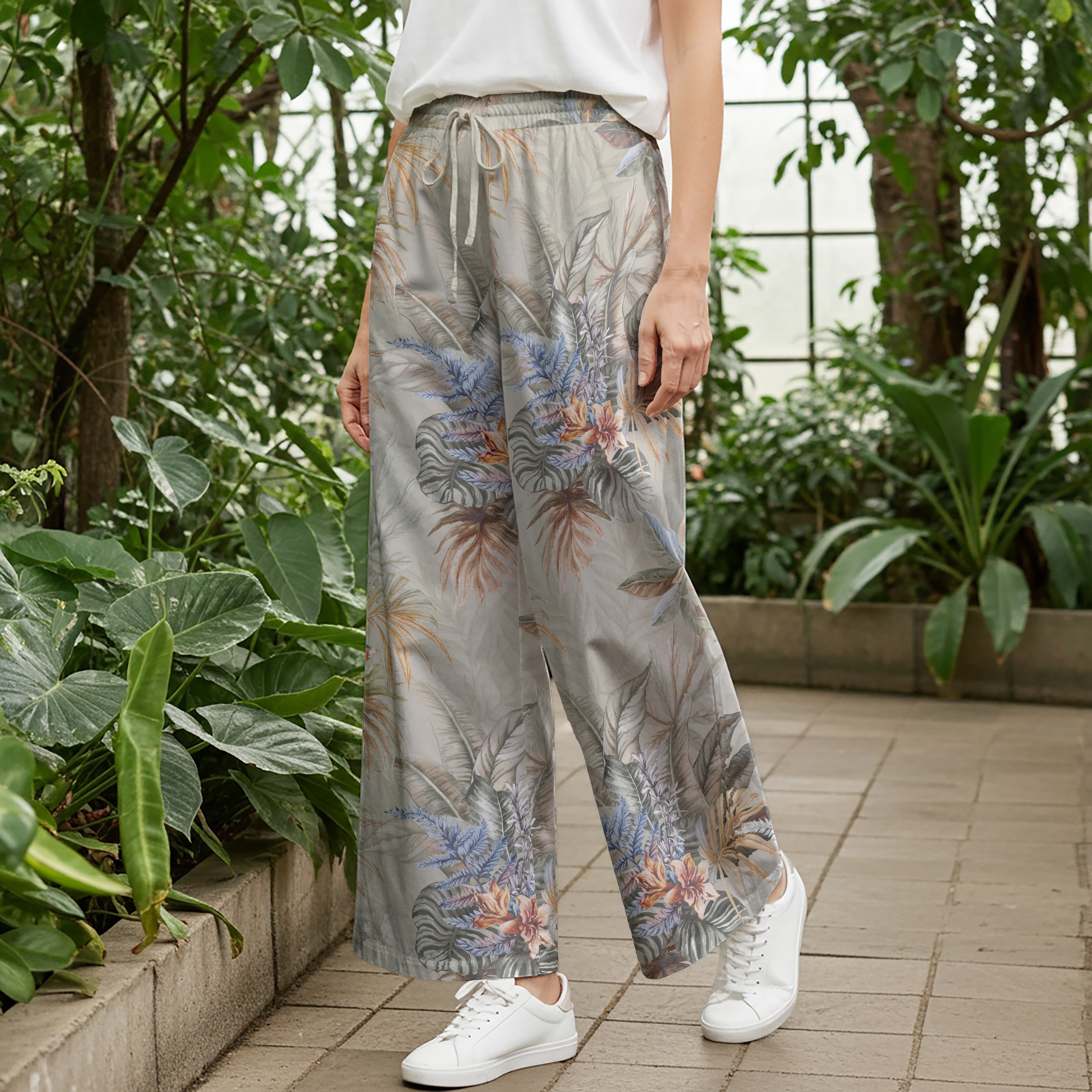 Women Casual Pants Lounge Elastic Waist Drawstring with Pockets 93% Tencel, 7% Linen Gray Aloha Tropical Paradise Scroll