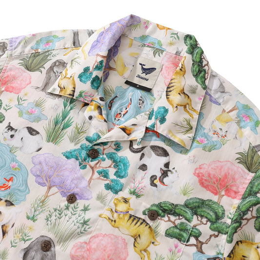 Hawaiian Shirt For Men Japanese Cat Garden By Catherine Rowe Print Shirt Camp Collar 100% Cotton Shirt