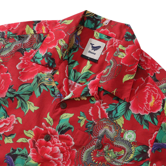 Hawaiian Shirt For Men Red Bloom Northeast Print Shirt Camp Collar 100% Cotton