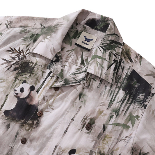 Hawaiian Shirt For Men Panda Bamboo Forest Print Shirt Camp Collar 100% Cotton