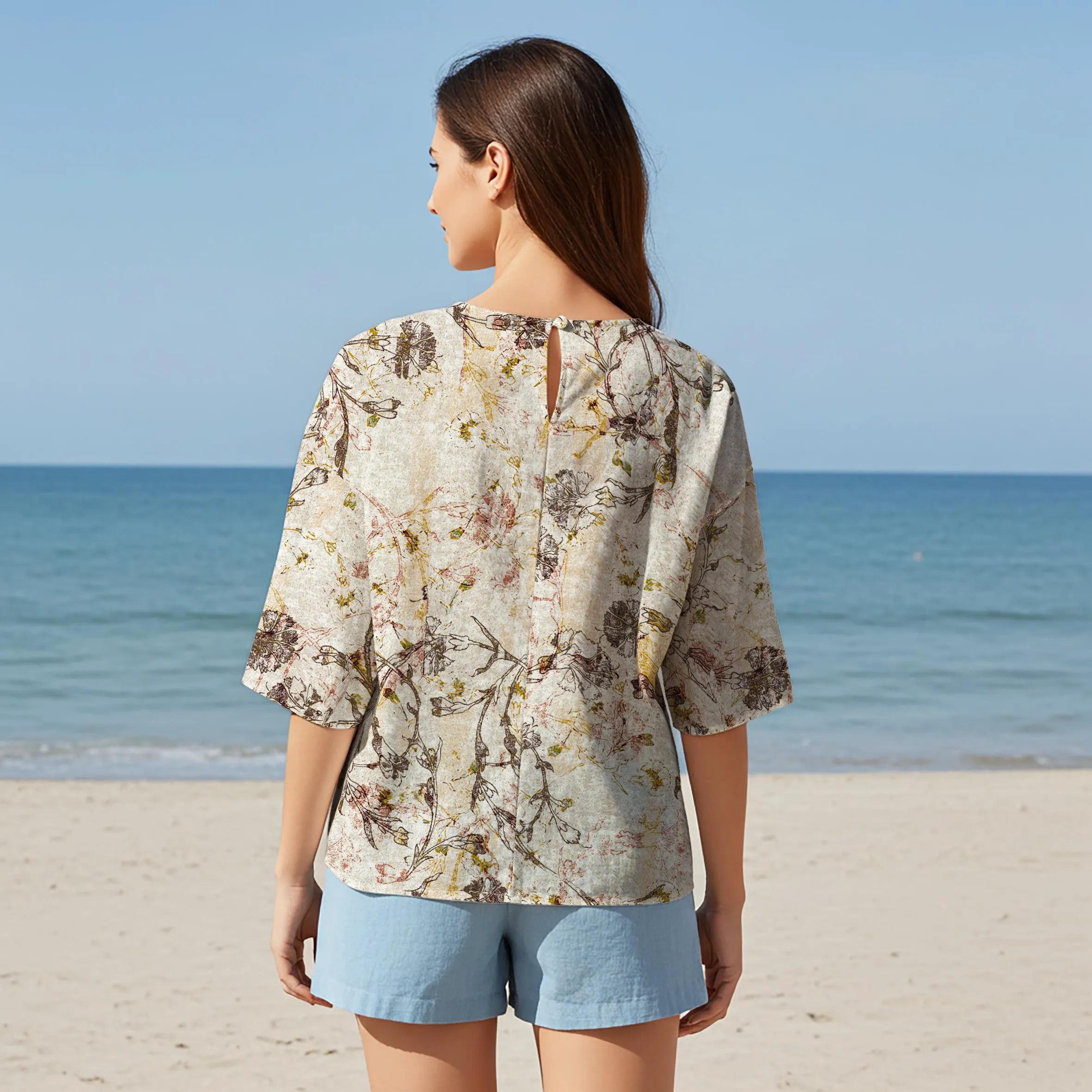 Women Casual Blouse Elbow Sleeve Round Neck Button-Back 95% Lyocell, 5% Linen Orange Aloha Fashionable Textured Abstract Florals
