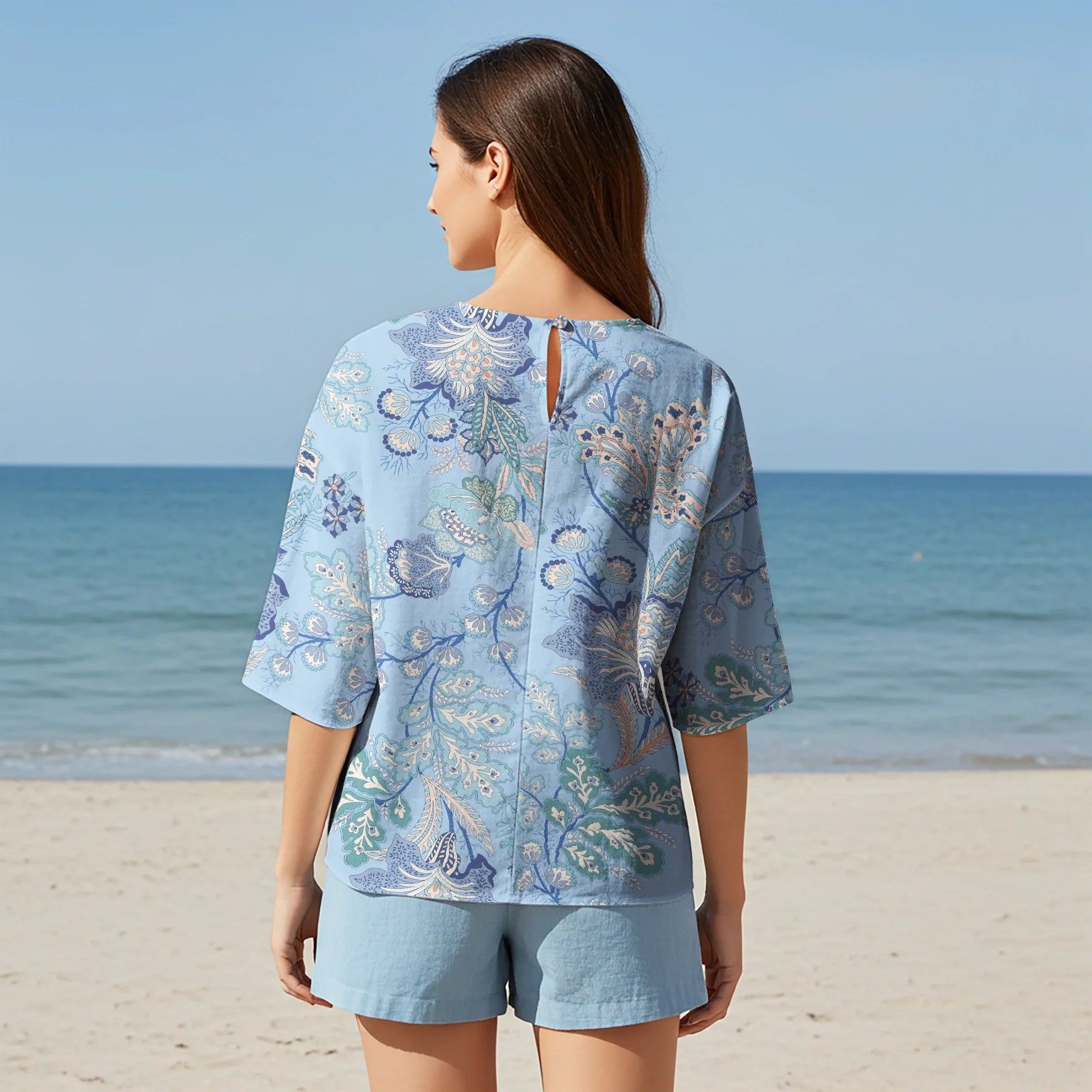 Women Casual Blouse Elbow Sleeve Crew Neck Button-Back 95% Lyocell, 5% Linen Blue Aloha Soft Blue Ethnic Flower