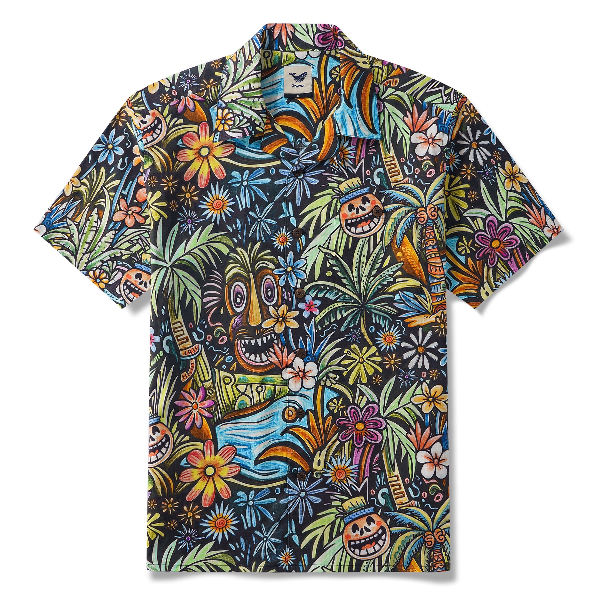 Joyful Tiki Oasis Shirt 100% Cotton Men's Short Sleeve Camp Collar Shirt Aloha Hawaiian