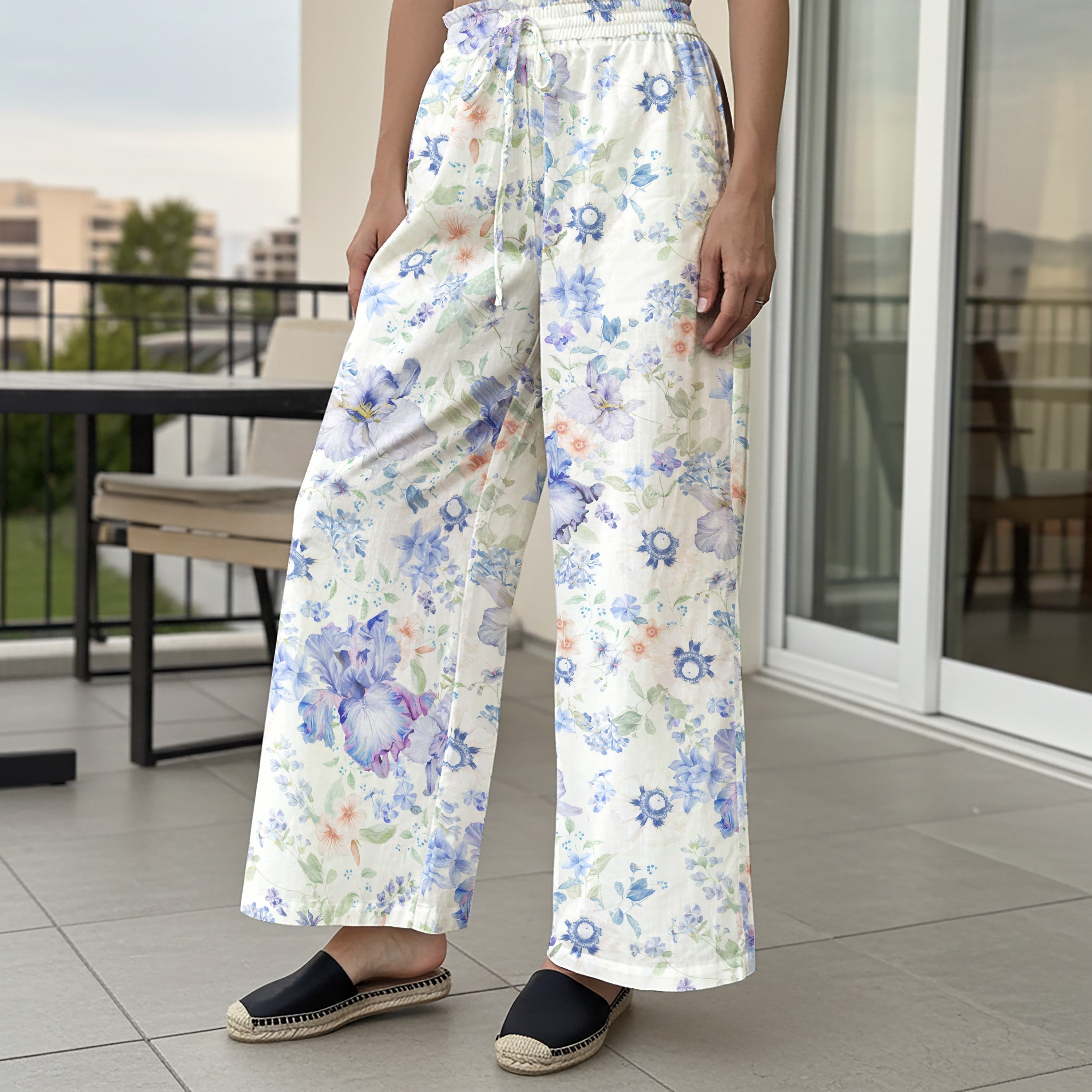 Women Casual Pants Lounge Elastic Waist Drawstring 93% Tencel 7% Linen Blue Aloha Soft Blue Nocturne