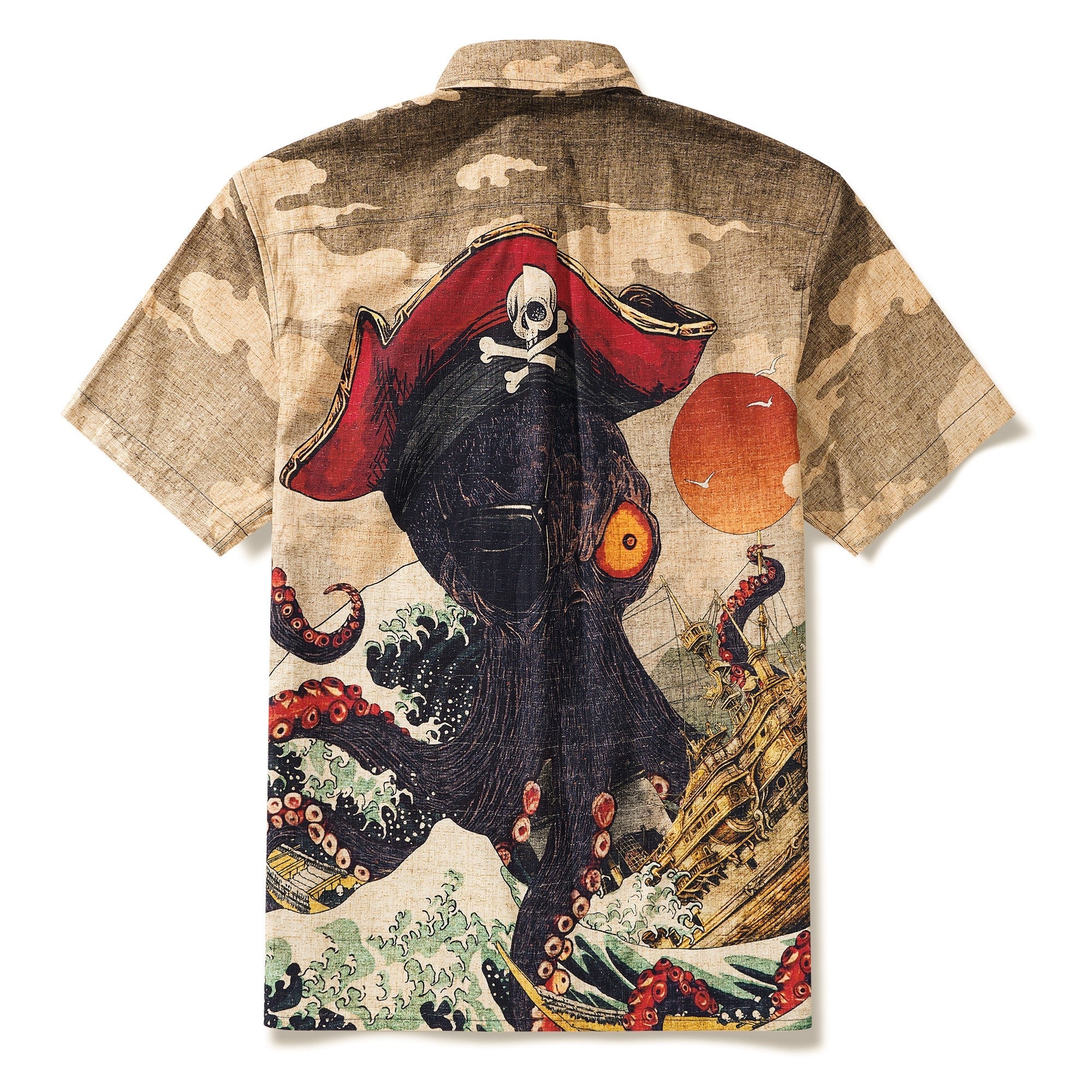 Men's Hawaiian Shirt Short Sleeve Button-down 100% Cotton Brown Aloha Octopus Wave Rider