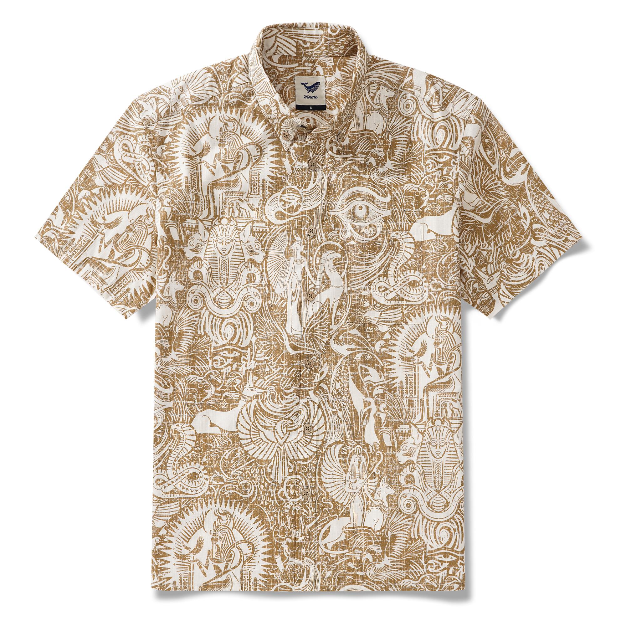 Men's Hawaiian Shirt Short Sleeve Button-down 100% Cotton Brown Aloha Ancient Egyptian Mythology