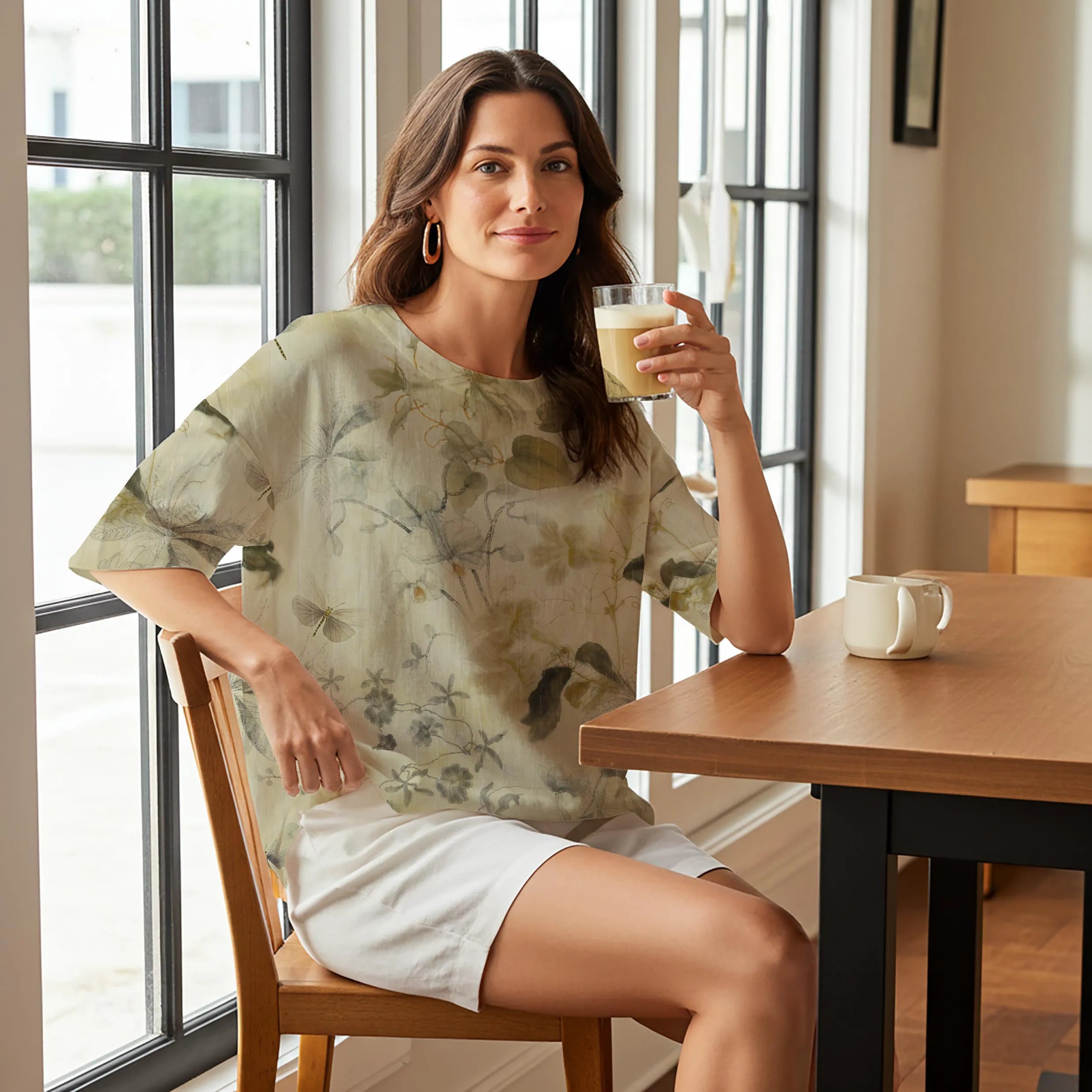 Women Casual Blouse 3/4 Sleeve Round Neck 95% Tencel, 5% Linen Yellow Aloha Vintage Botanical Elegance