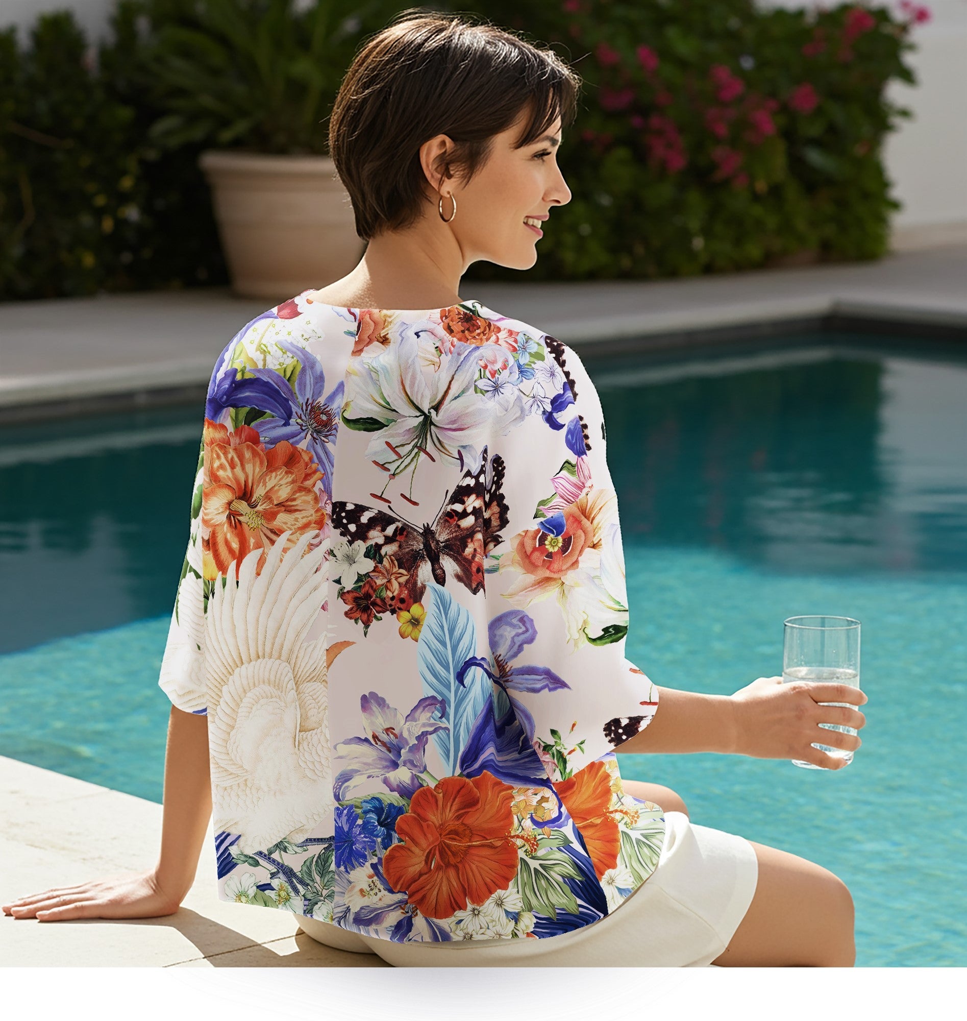 Women Casual Blouse 3/4 Sleeve Round Neck 76% Tencel, 24% Nylon Purple Aloha Flowers And Parrots