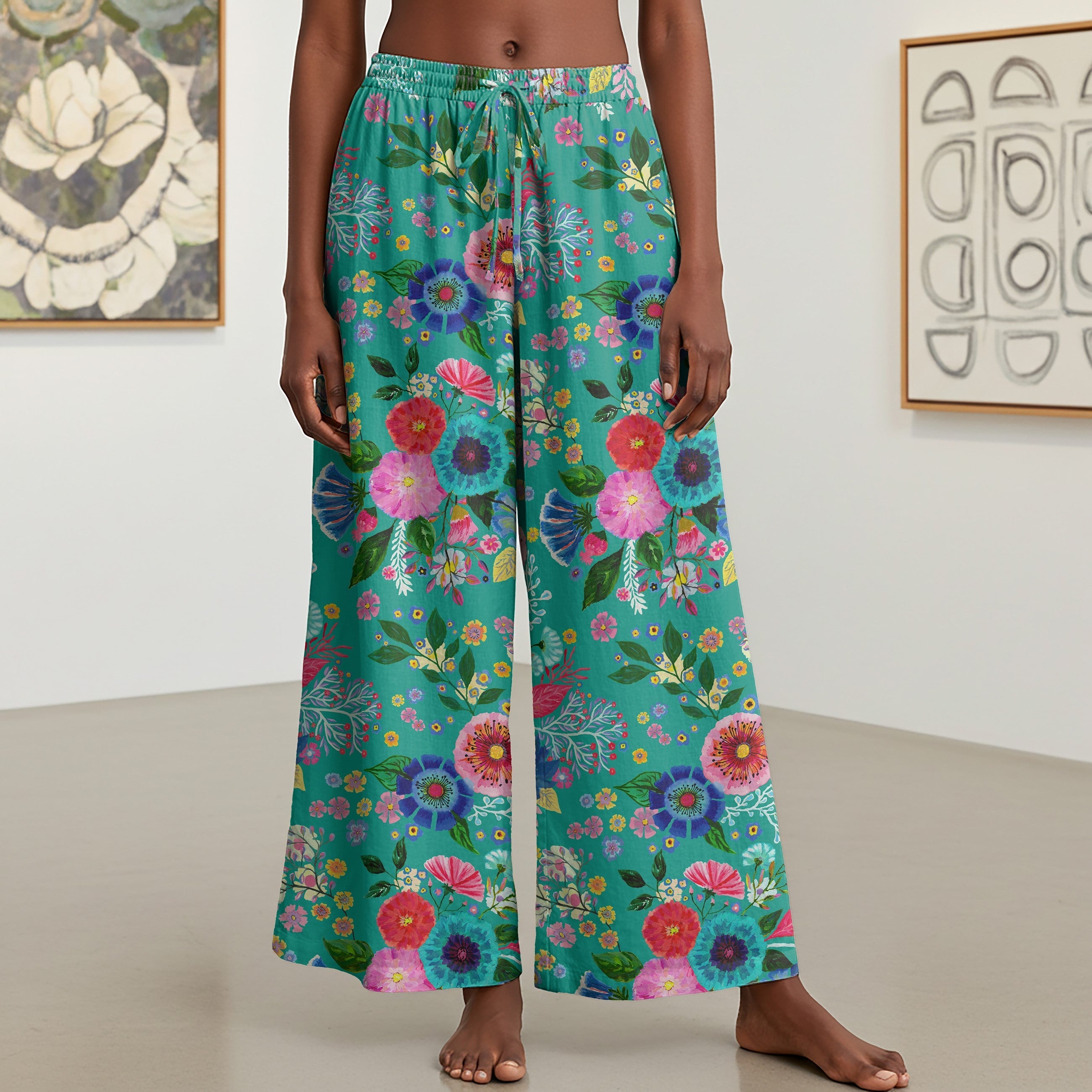 Women Casual Pants Lounge Elastic Waist Drawstring with Pockets 93% Tencel, 7% Linen Green Aloha Dance Of Emerald Flowers