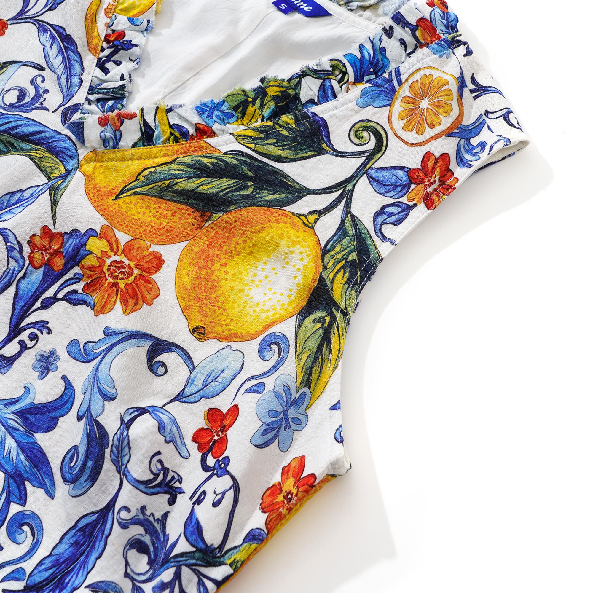 Women's Hawaiian Dress Sleeveless V-neck 55% Linen 45% Rayon Blue Aloha Sicilian Lemon