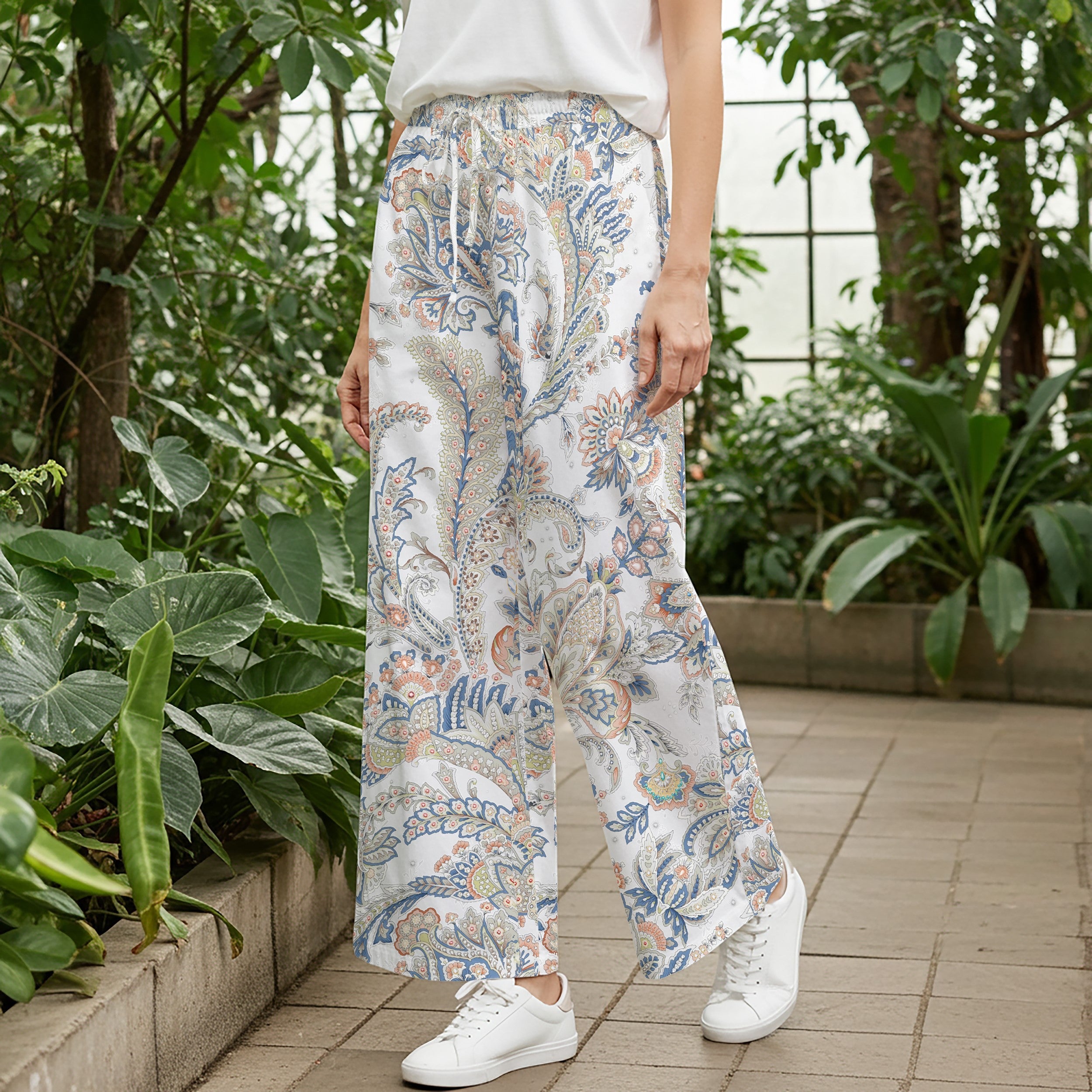 Women Casual Pants Lounge Elastic Waist Drawstring with Pockets 93% Tencel, 7% Linen Blue Aloha Powder Blue Paisley Charm