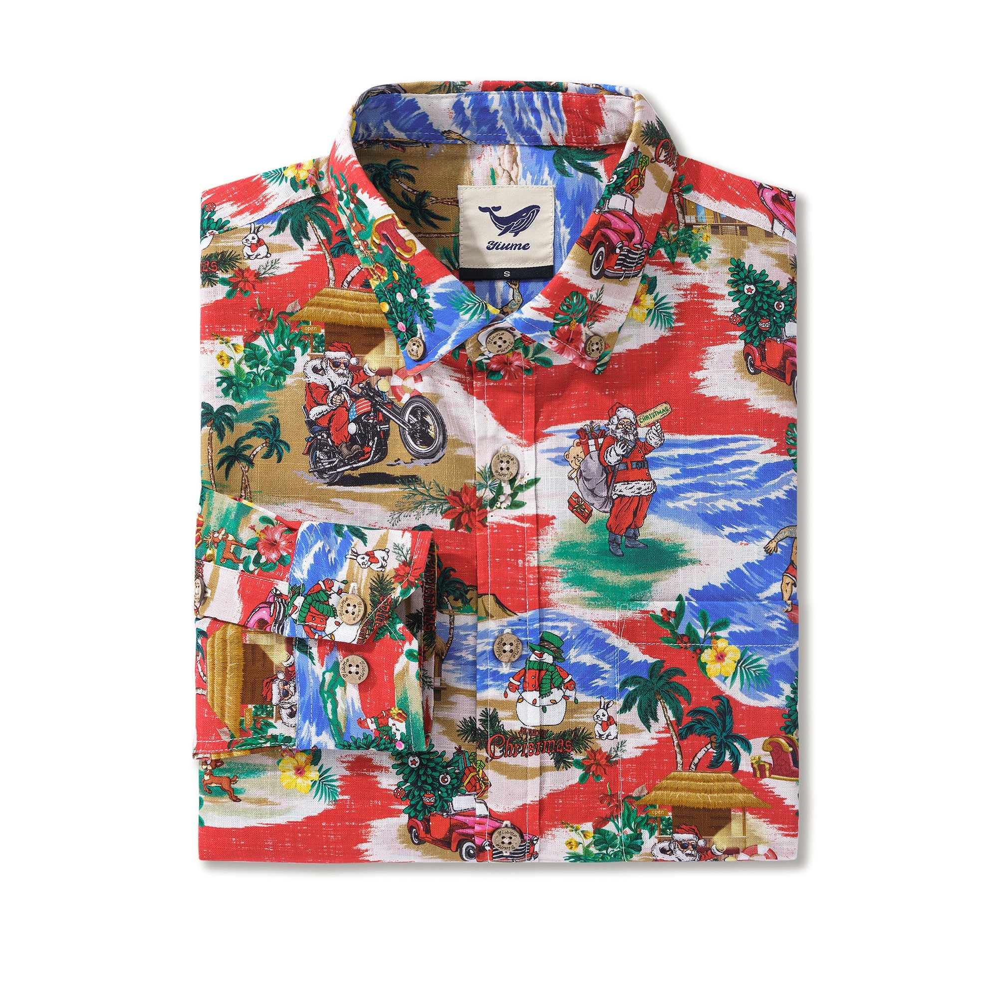 Christmas Long Sleeve Hawaiian Shirt For Men Santa Claus on a Harley 100% Cotton Button-down Aloha Shirt