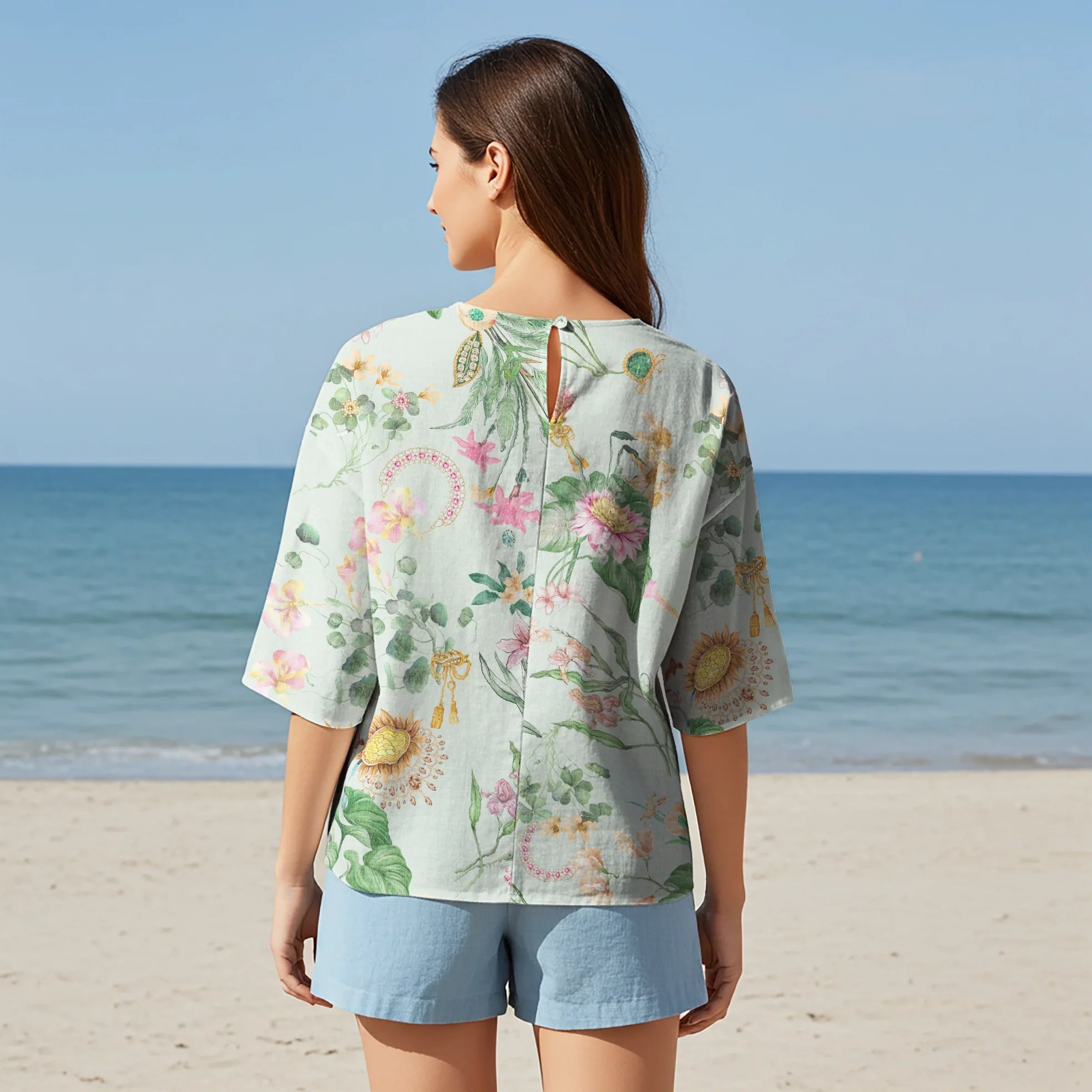Women Casual Blouse Elbow Sleeve Crew Neck Button-Back 95% Lyocell, 5% Linen Green Aloha Jewelry Flower Of Fairy Traces