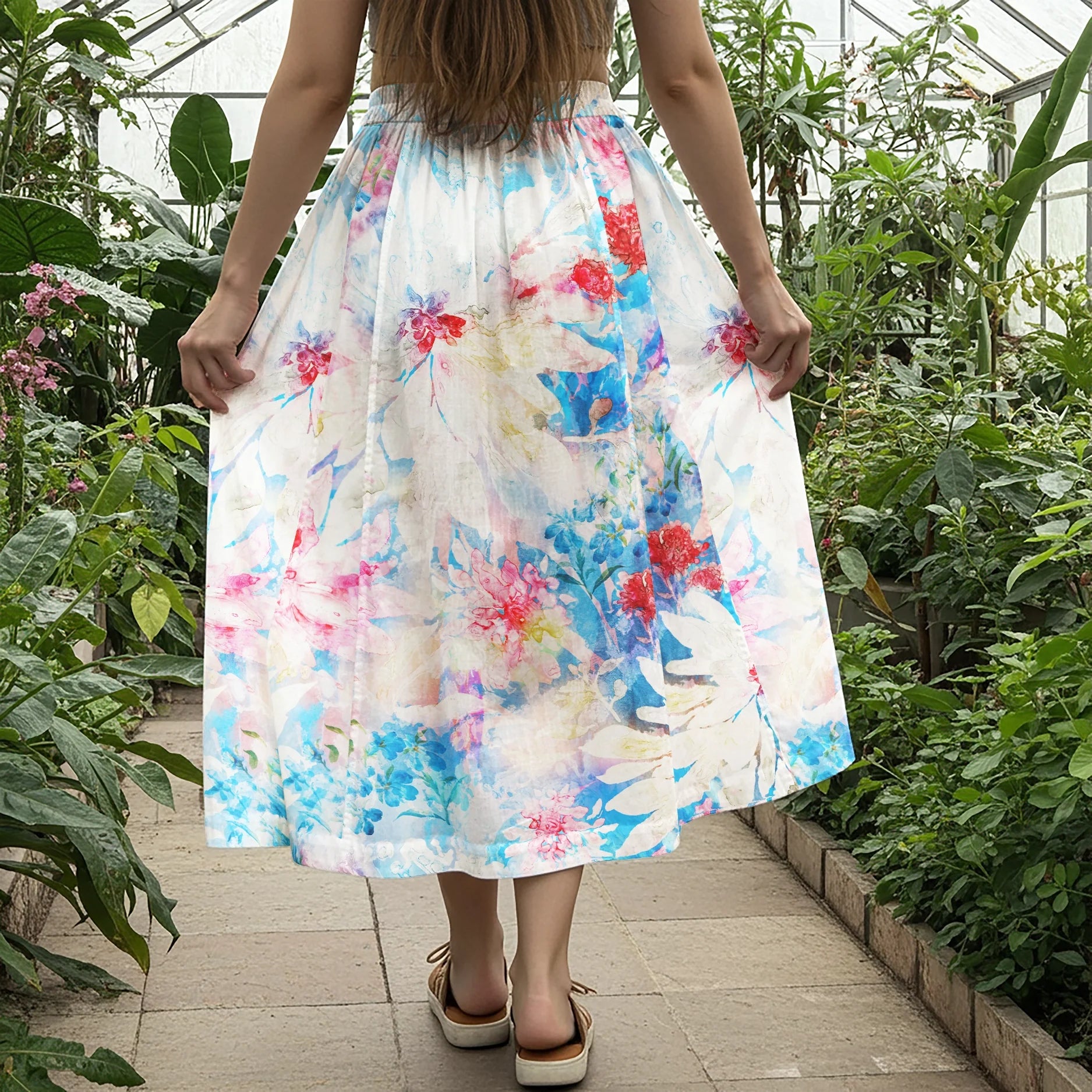 Women Casual Maxi Skirt Long Elastic Waist with Pockets 100% Cotton Blue Aloha Tie-dye Blossom