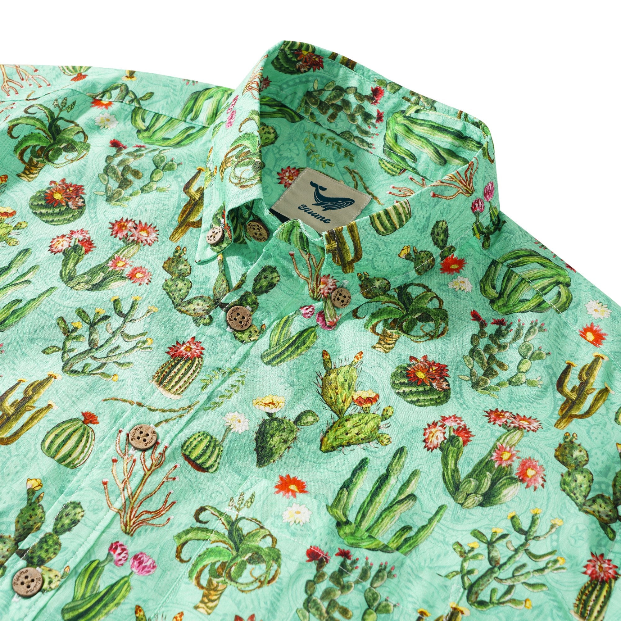 Men's Hawaiian Shirt Short Sleeve Button-down 100% Cotton Green Aloha Western Cactus Oasis