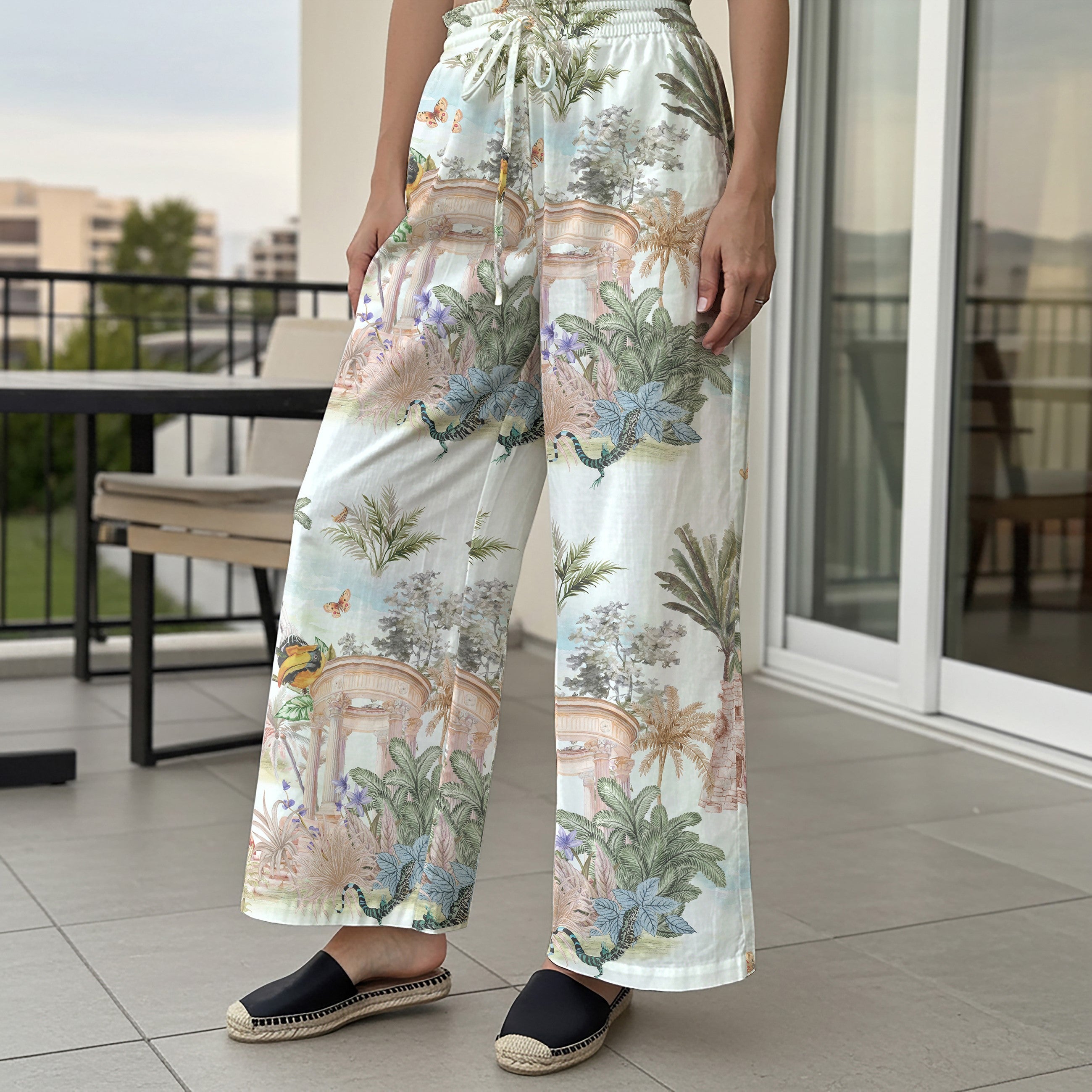 Women Casual Pants Lounge Elastic Waist Drawstring with Pockets 100% Cotton White Aloha Journey To The Fantasy Realm