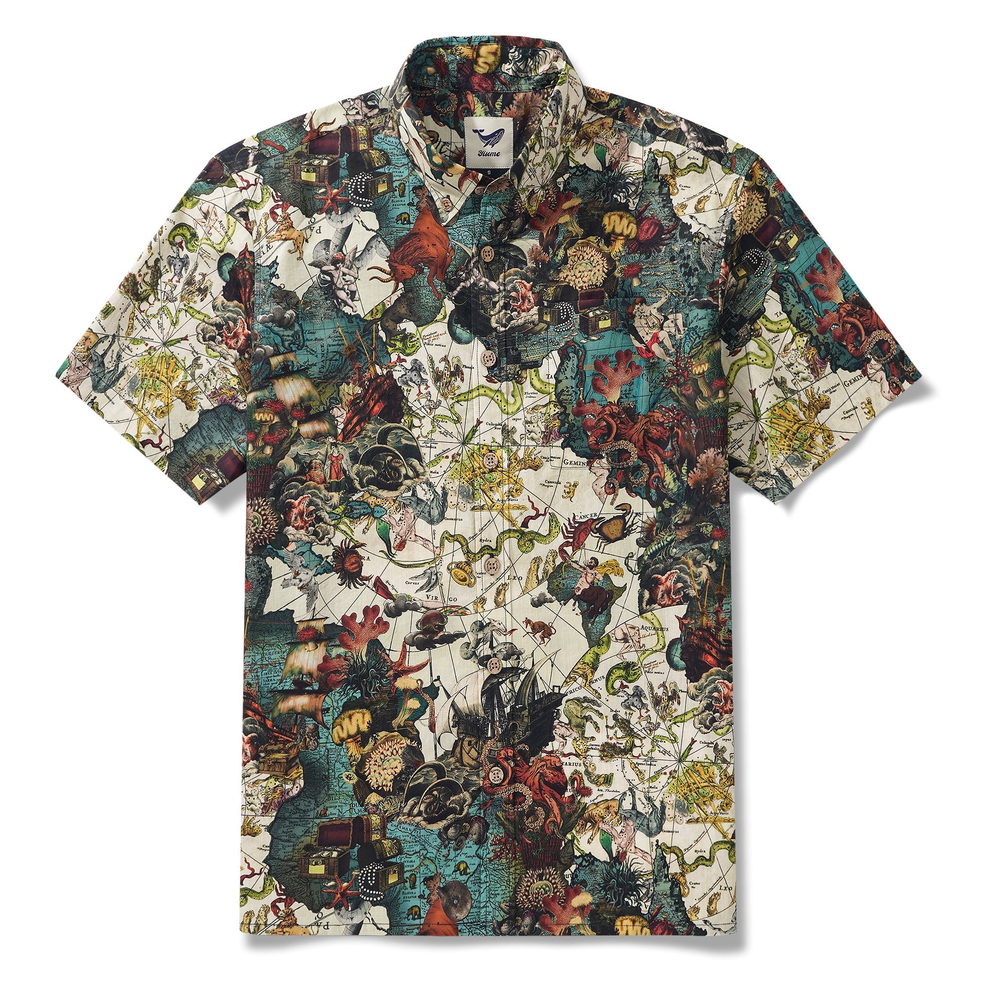 Men's Hawaiian Shirt Short Sleeve Button-down 100% Cotton White Aloha Island Constellations