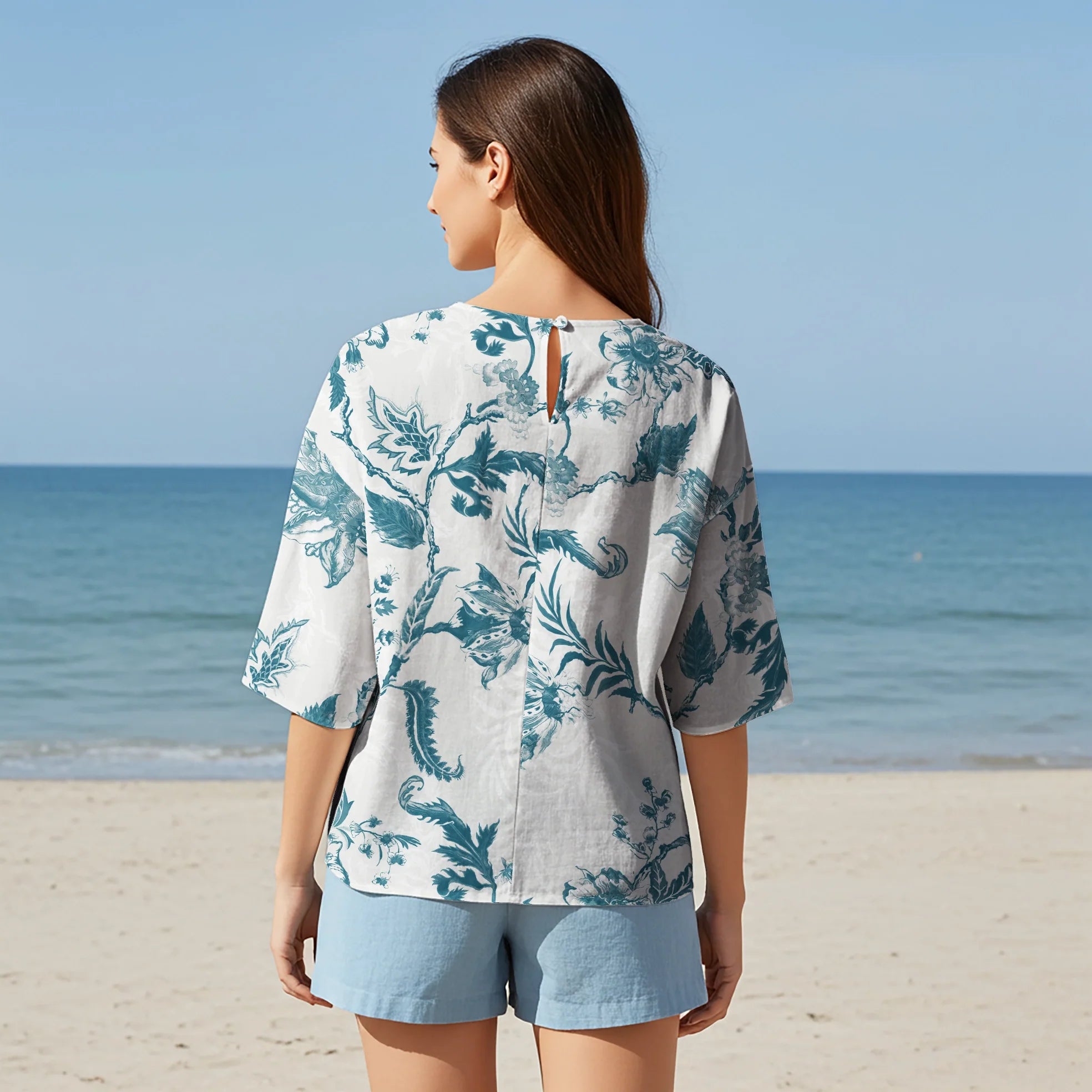 Women Casual Blouse Elbow Sleeve Round Neck Button-Back 95% Lyocell, 5% Linen Green Aloha Wave Green Shadow