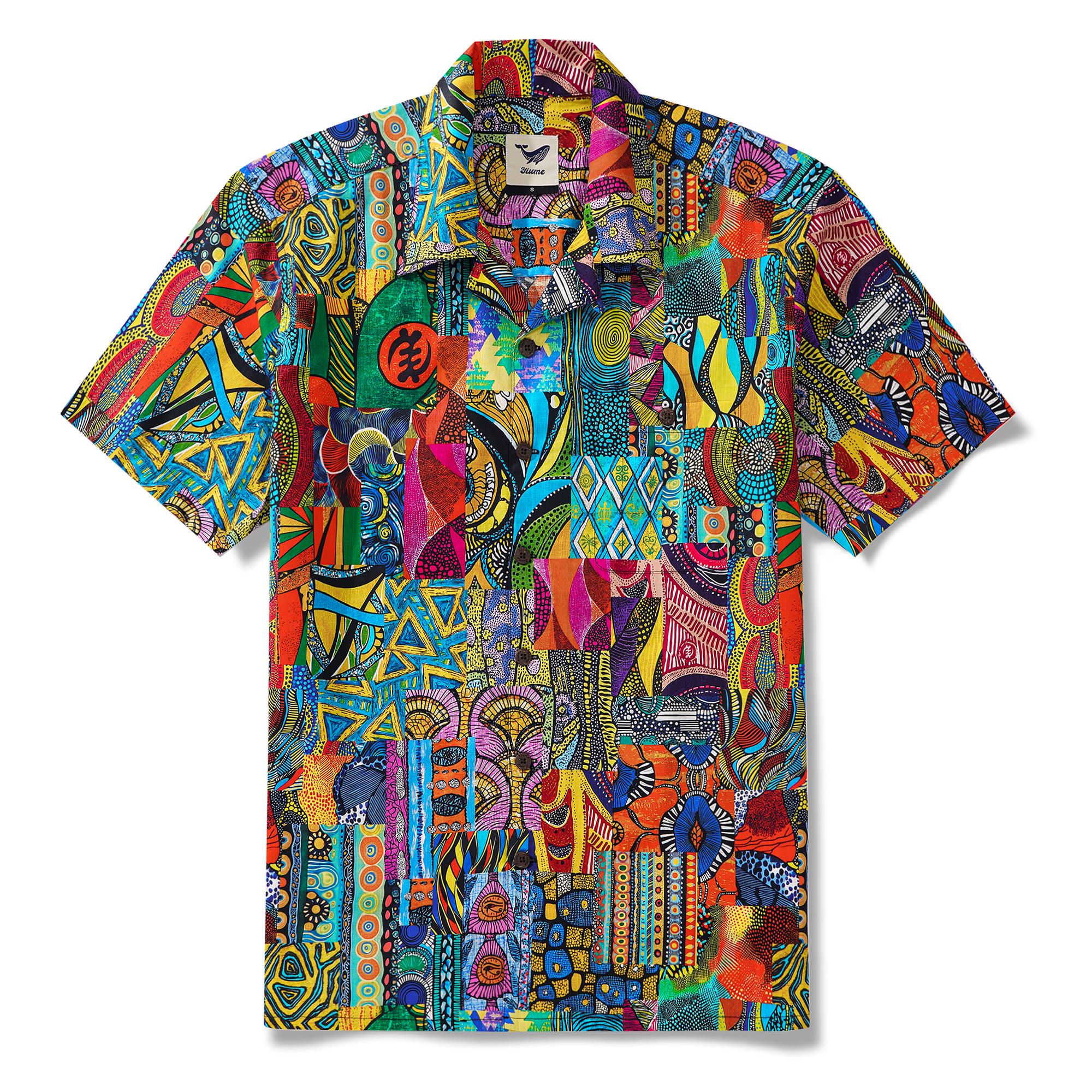 Men's Hawaiian Shirt Short Sleeve Camp Collar 100% Cotton Green Aloha African Print Art