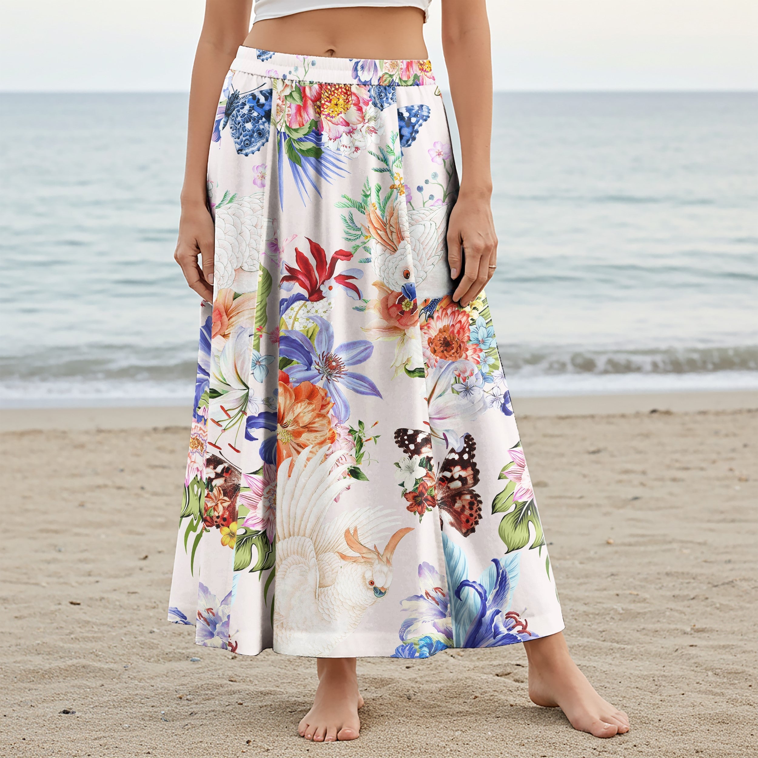 Women Casual Maxi Skirt Long Elastic Waist with Pockets 100% Cotton Purple Aloha Flowers And Parrots