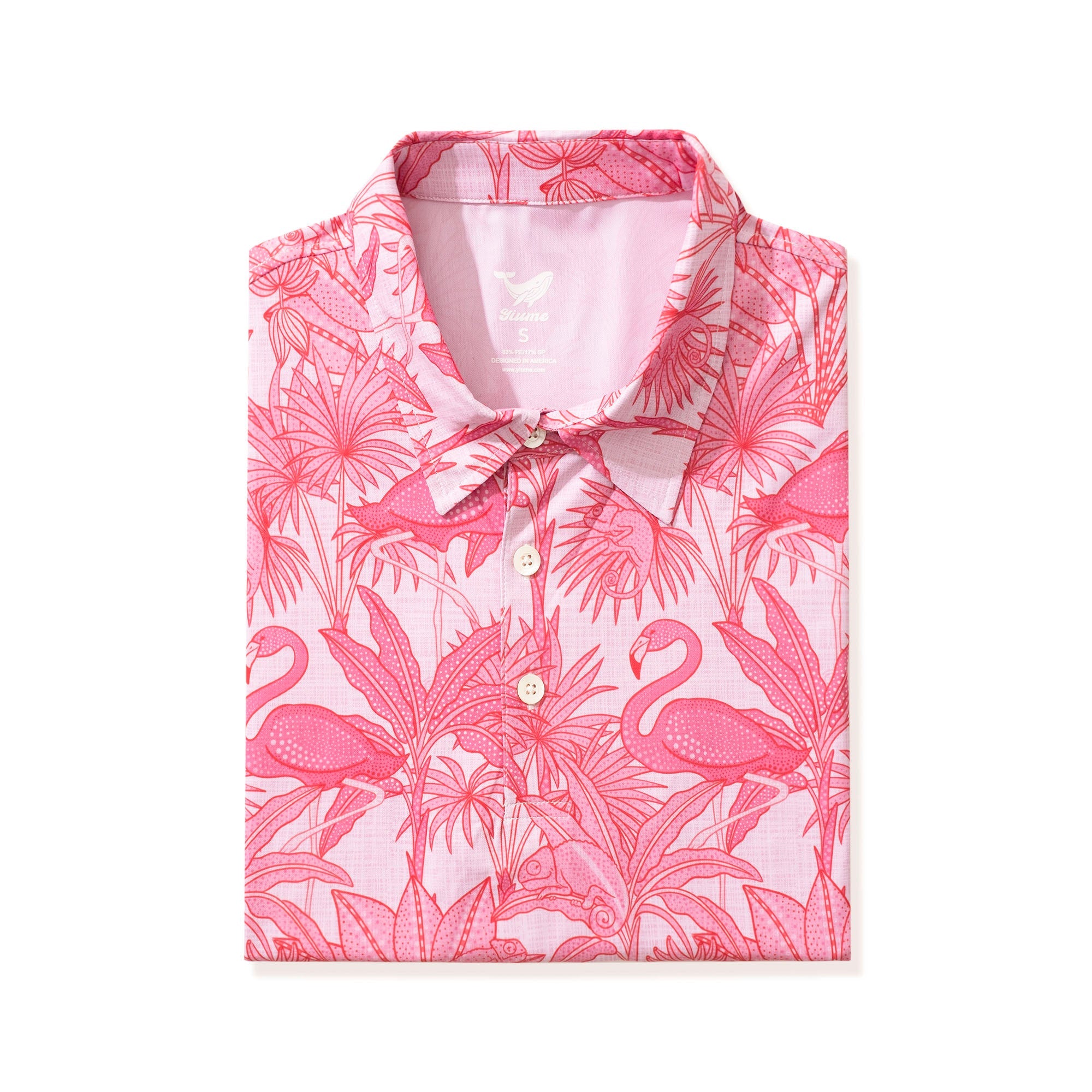 Men's Hawaiian Polo Shirt Short Sleeve 83% Recycled polyester 17% Spandex Aloha Flamingos & Chameleons By House of Haricot