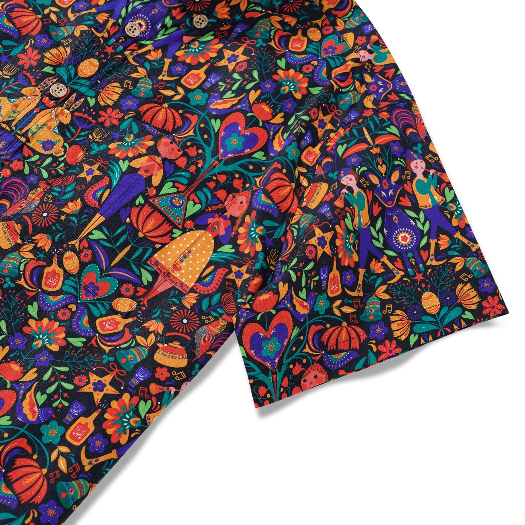Men's Hawaiian Shirt Short Sleeve Button-down 100% Cotton Black Aloha Scandinavian Folk Party By Pallavi Chaudhary