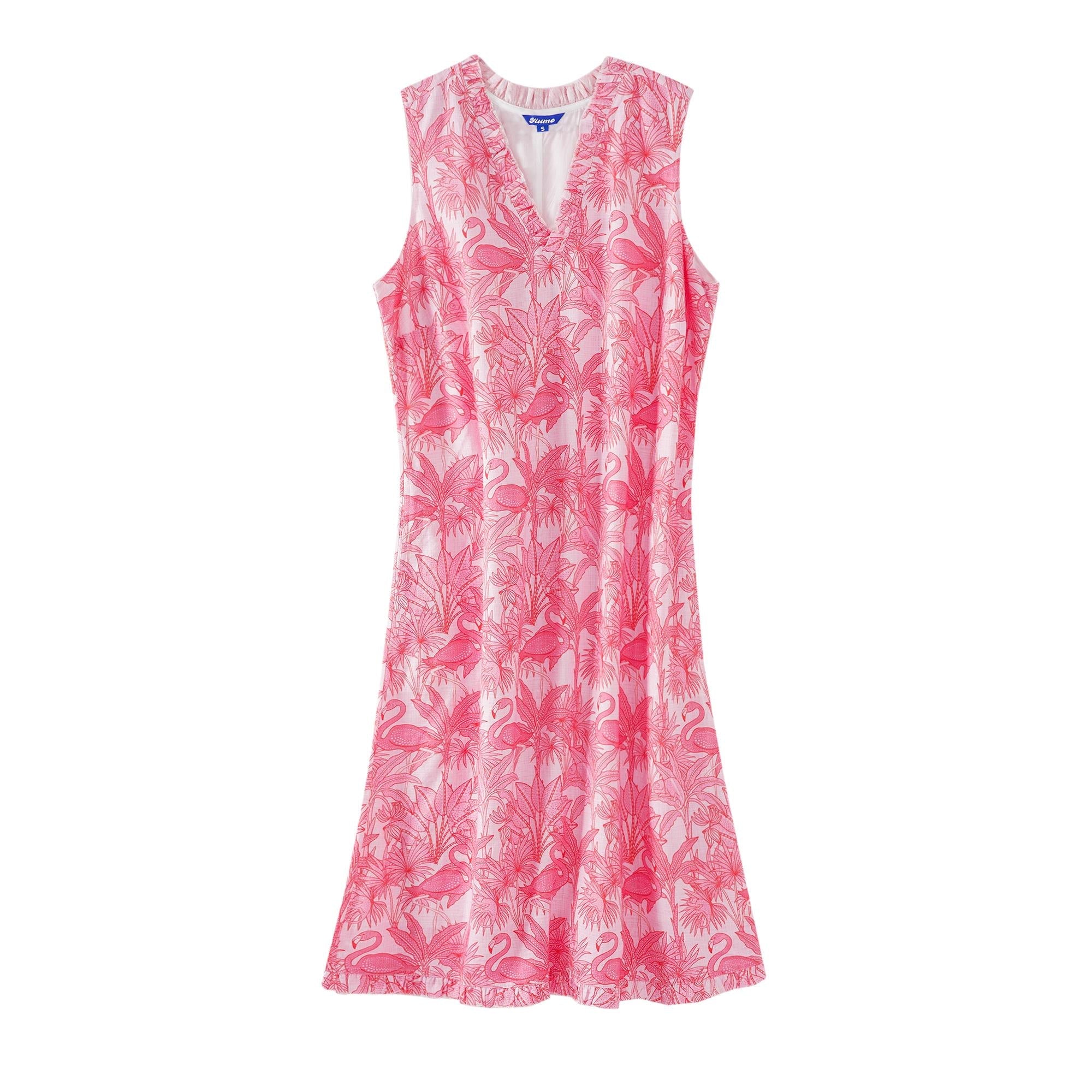 Women's Hawaiian Dress Sleeveless V-neck 55% Linen 45% Rayon Aloha Flamingos & Chameleons By House of Haricot
