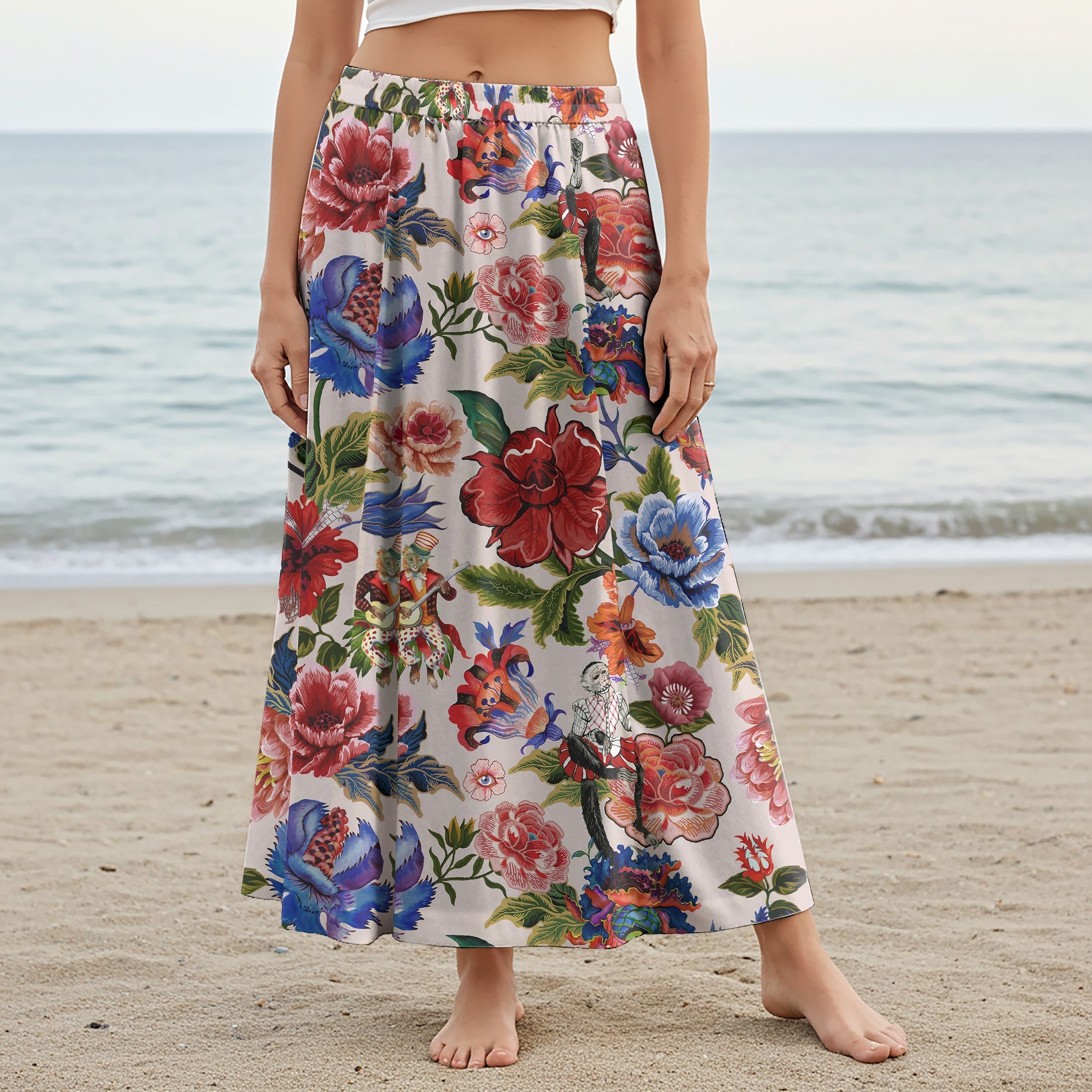 Women Casual Maxi Skirt Long Elastic Waist with Pockets 100% Cotton Beige Aloha Enchanted Fun Park