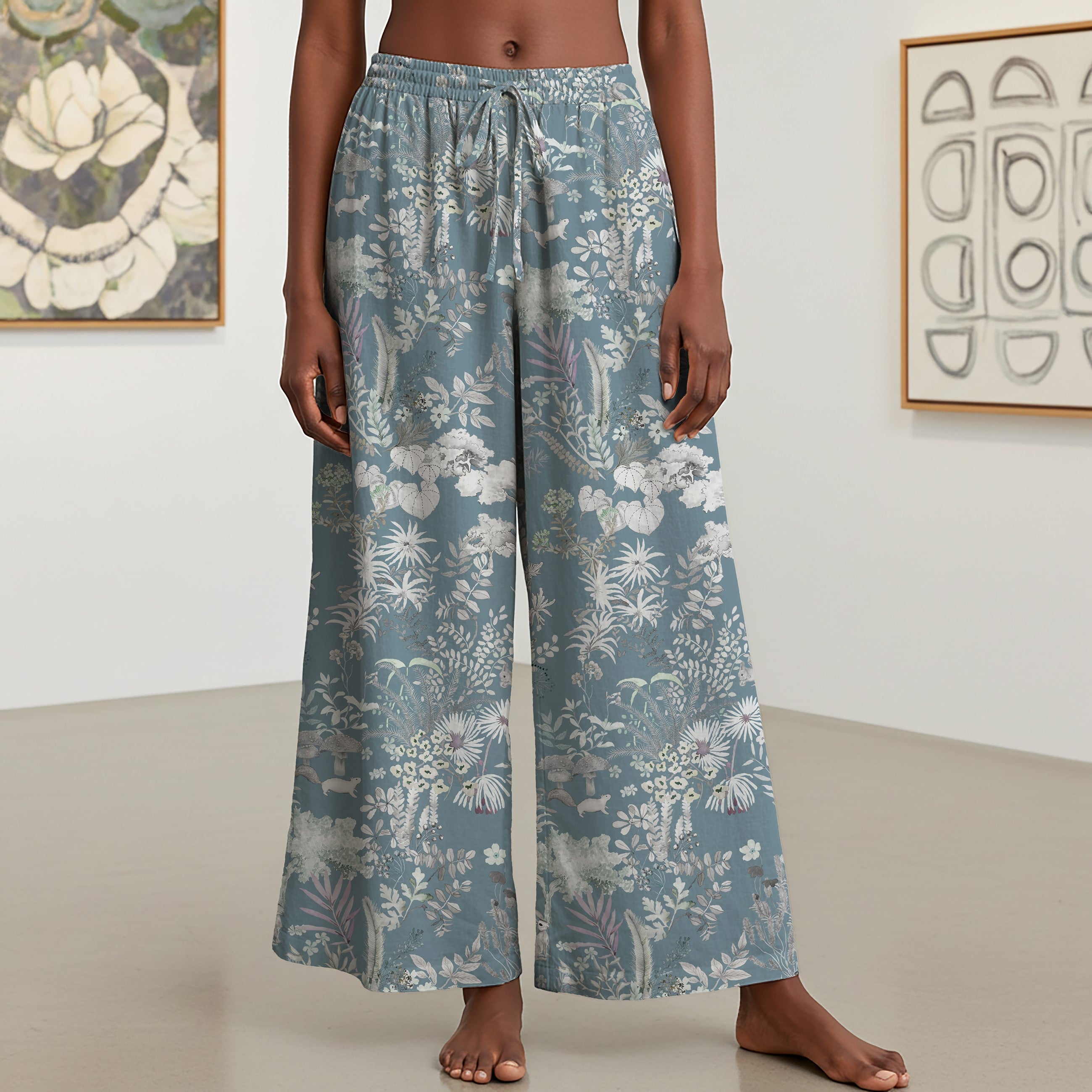 Women Casual Pants Lounge Elastic Waist Drawstring with Pockets 93% Tencel, 7% Linen Blue Aloha Enigmatic Azure Wonderland