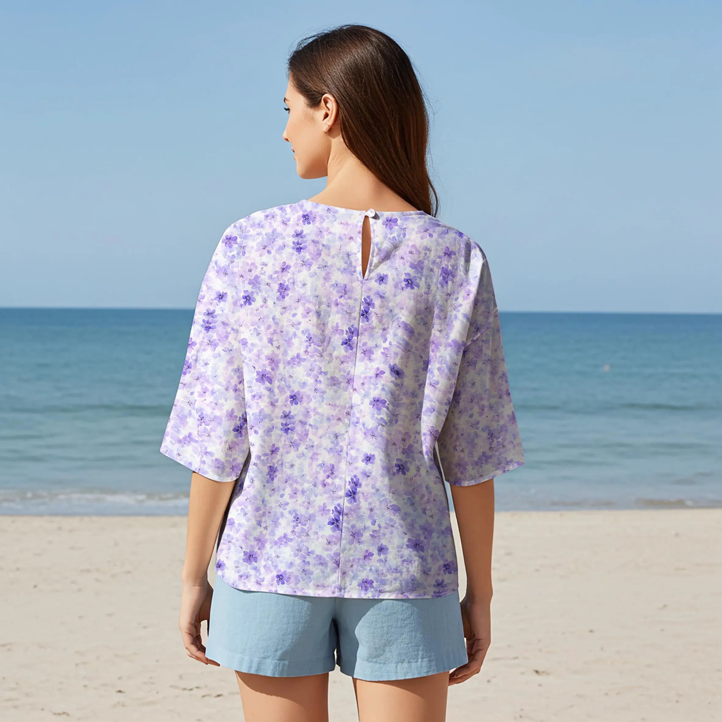 Women Casual Blouse Elbow Sleeve Round Neck Button-Back 95% Tencel, 5% Linen Purple Aloha Lavender Dream