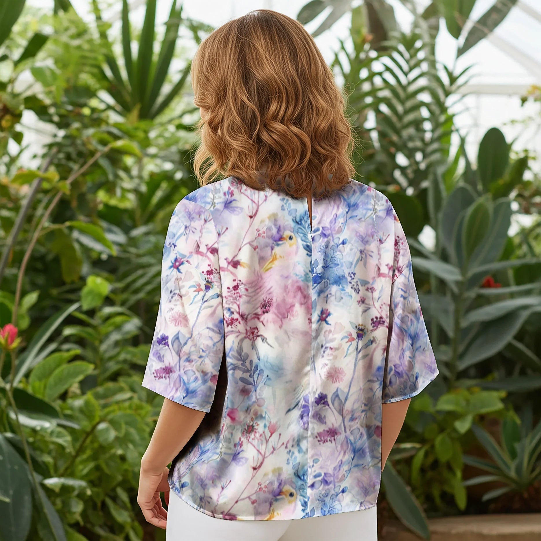 Women Casual Blouse Elbow Sleeve Round Neck Button-Back 100% Lyocell Aloha Blossoming Wonderland