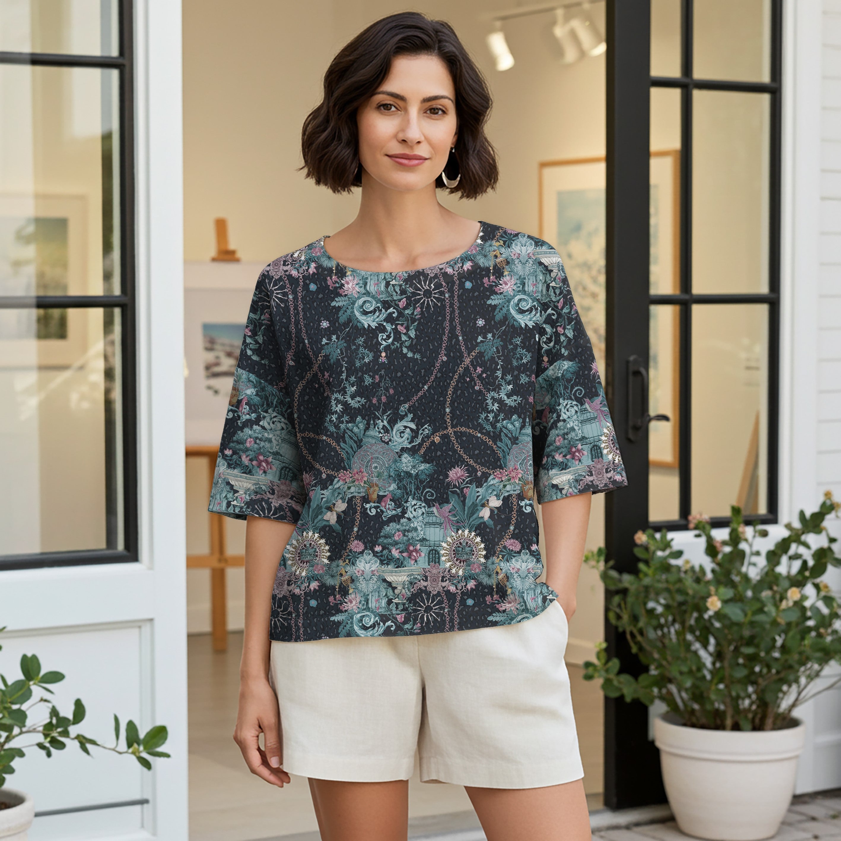 Women Casual Blouse 3/4 Sleeve Round Neck 95% Tencel, 5% Linen Black Aloha Enchanting Prelude Of The Hidden Botanical Gardens