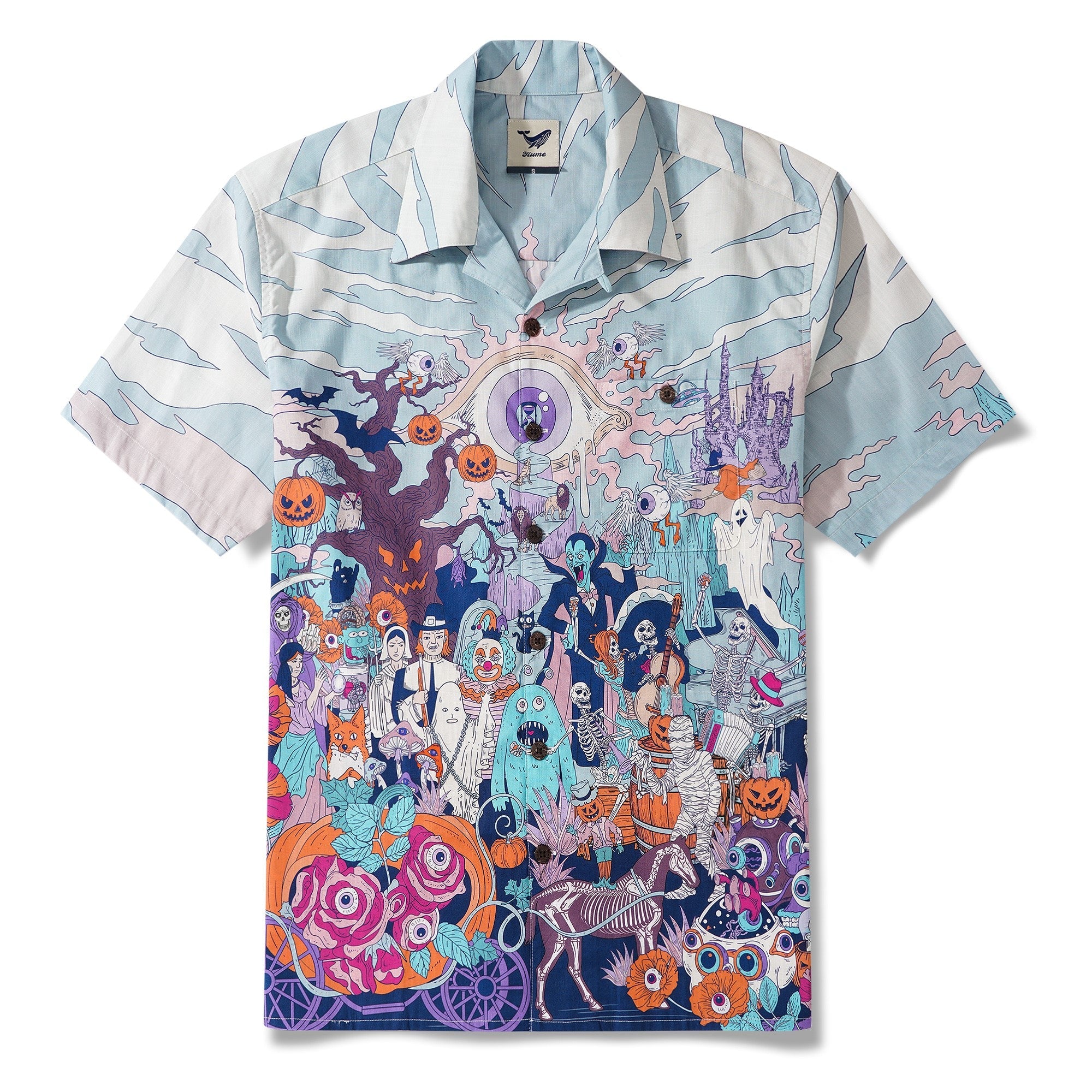 Men's Hawaiian Shirt Short Sleeve Camp Collar 100% Cotton White Aloha Midnight Halloween/Dante's Halloween