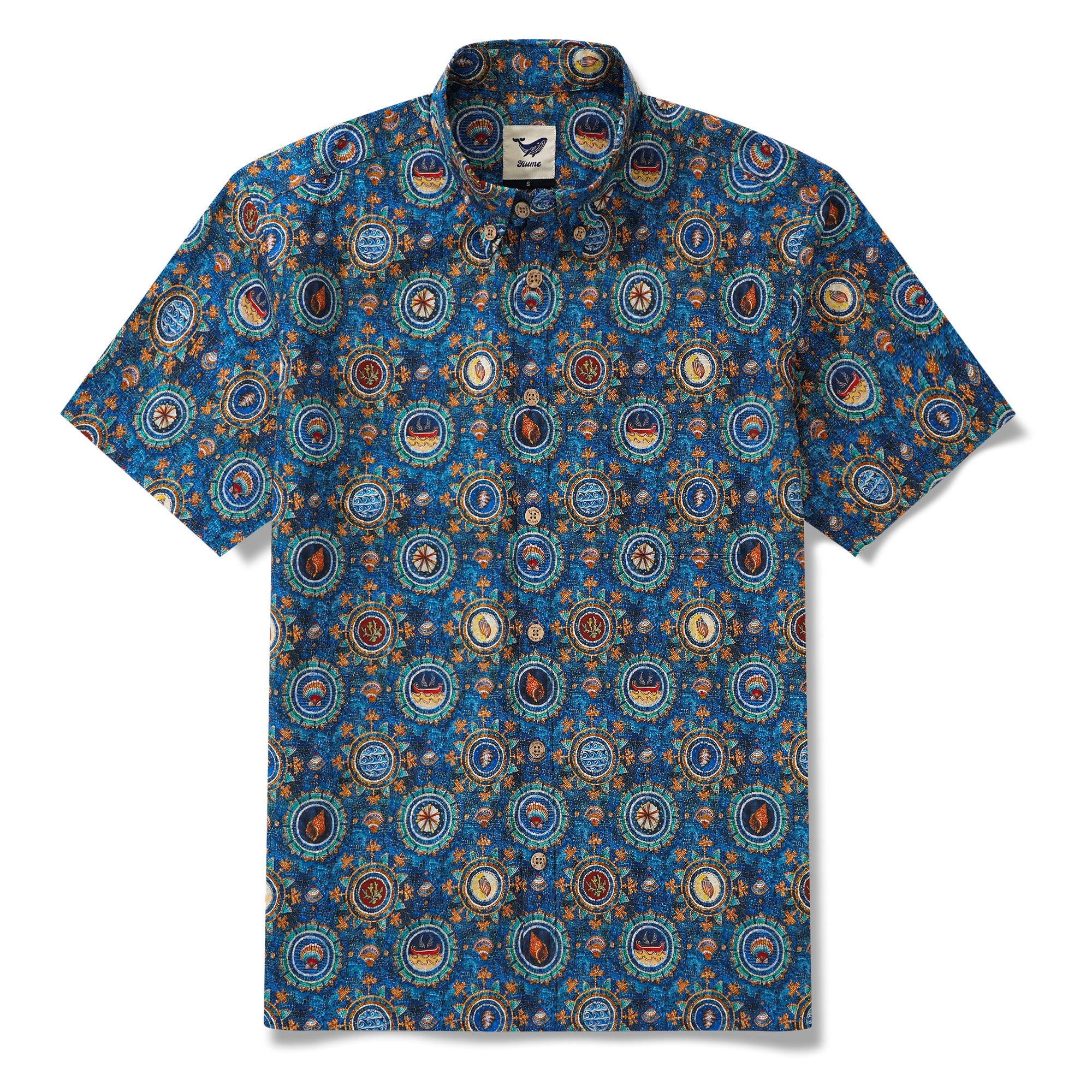Men's Hawaiian Shirt Short Sleeve Button-down 100% Cotton Blue Aloha Shell Mosaic