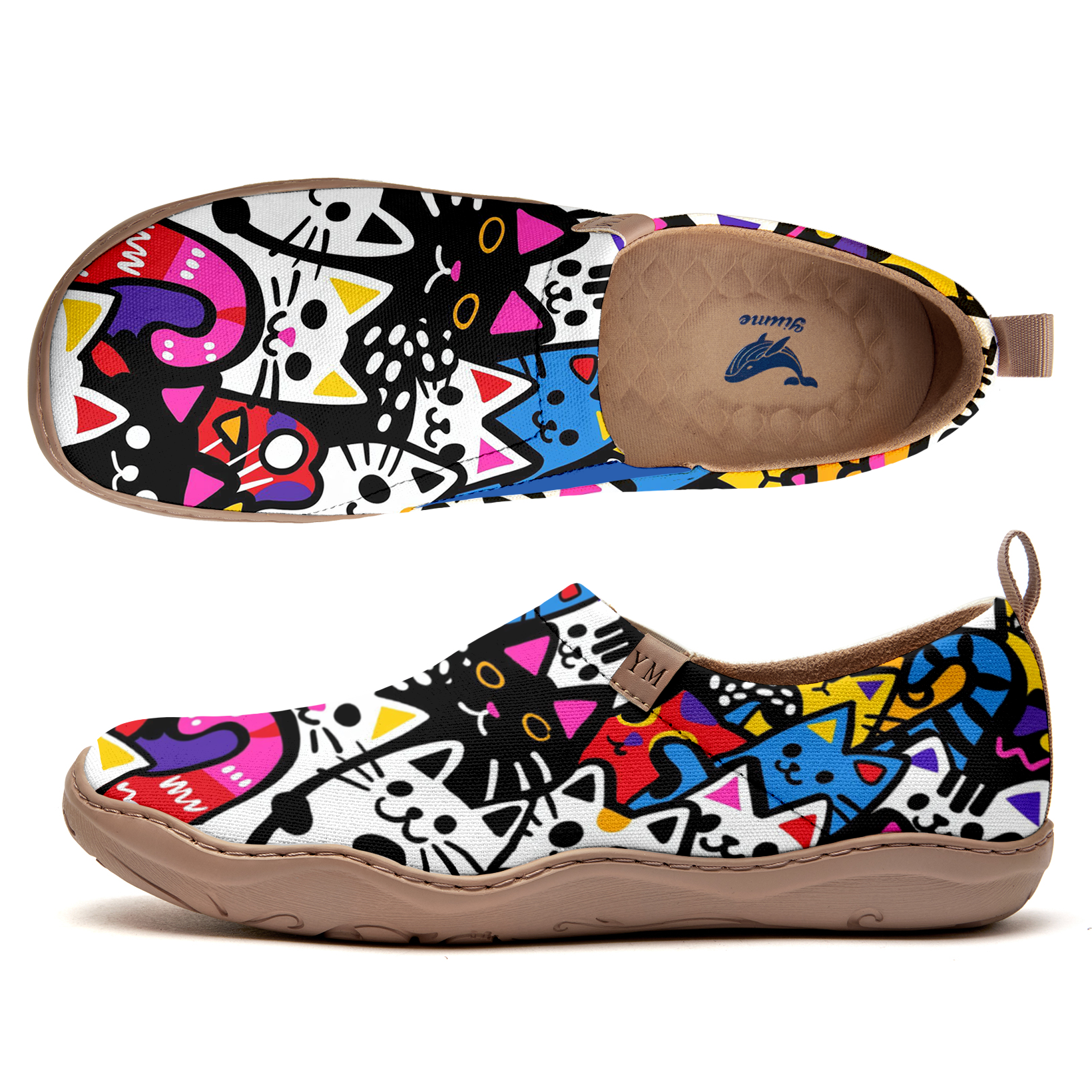Women's Foldable Loafers, Paws Party Blue Painted Canvas Slip-On Sneakers,100% Cotton