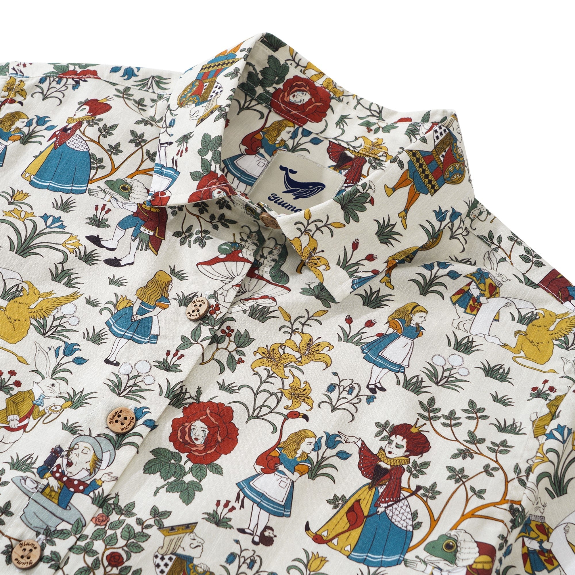 Women's Hawaiian Shirt Short Sleeve Button-up 100% Cotton Beige Aloha Alice's Wonderland