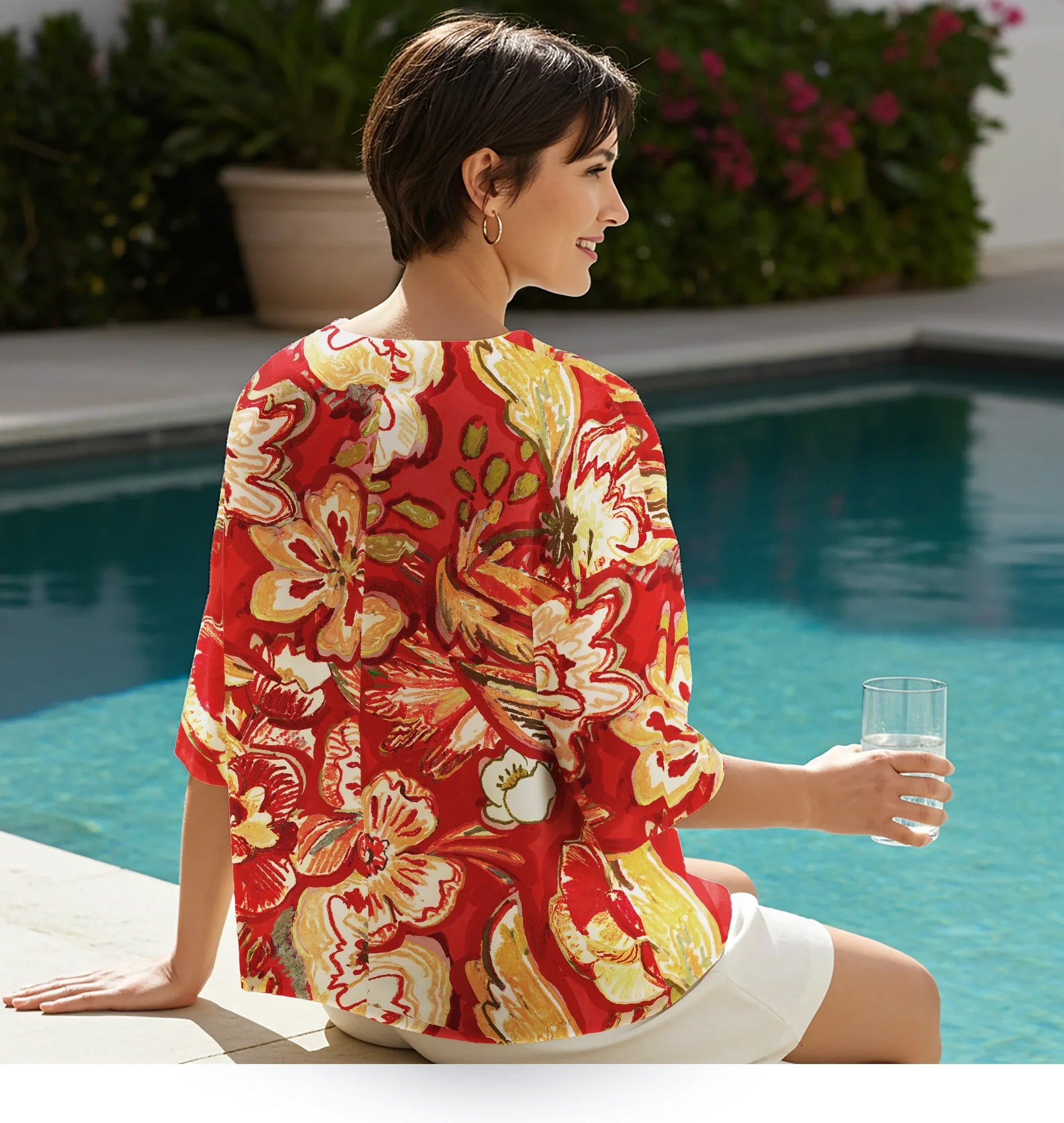 Women Casual Blouse 3/4 Sleeve Round Neck 76% Tencel, 24% Nylon Orange Aloha Fiery Hand-painted Florals