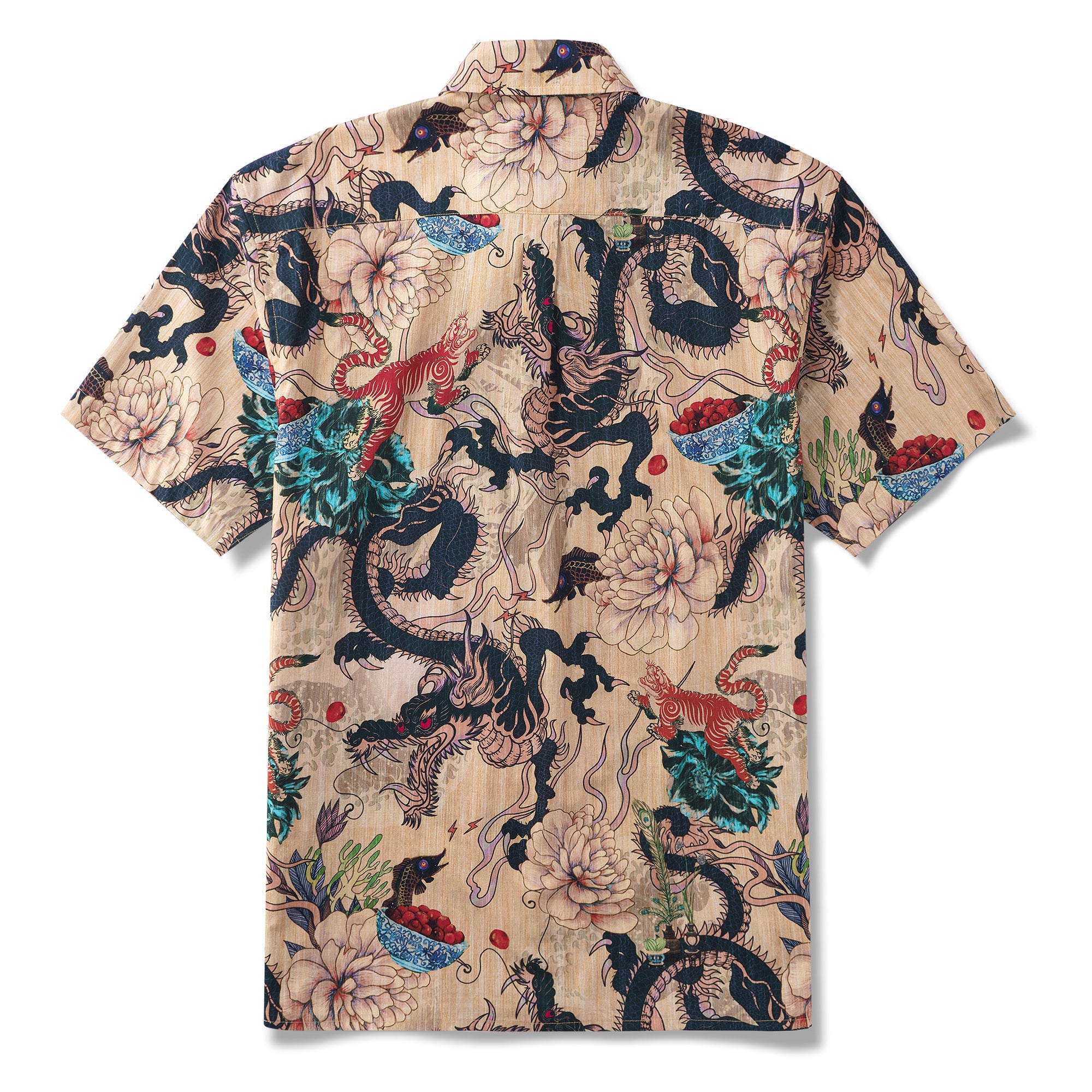 Dragon Dance and Cherry Blossoms 100% Cotton Men's Short Sleeve Button-down Shirt Aloha Hawaiian