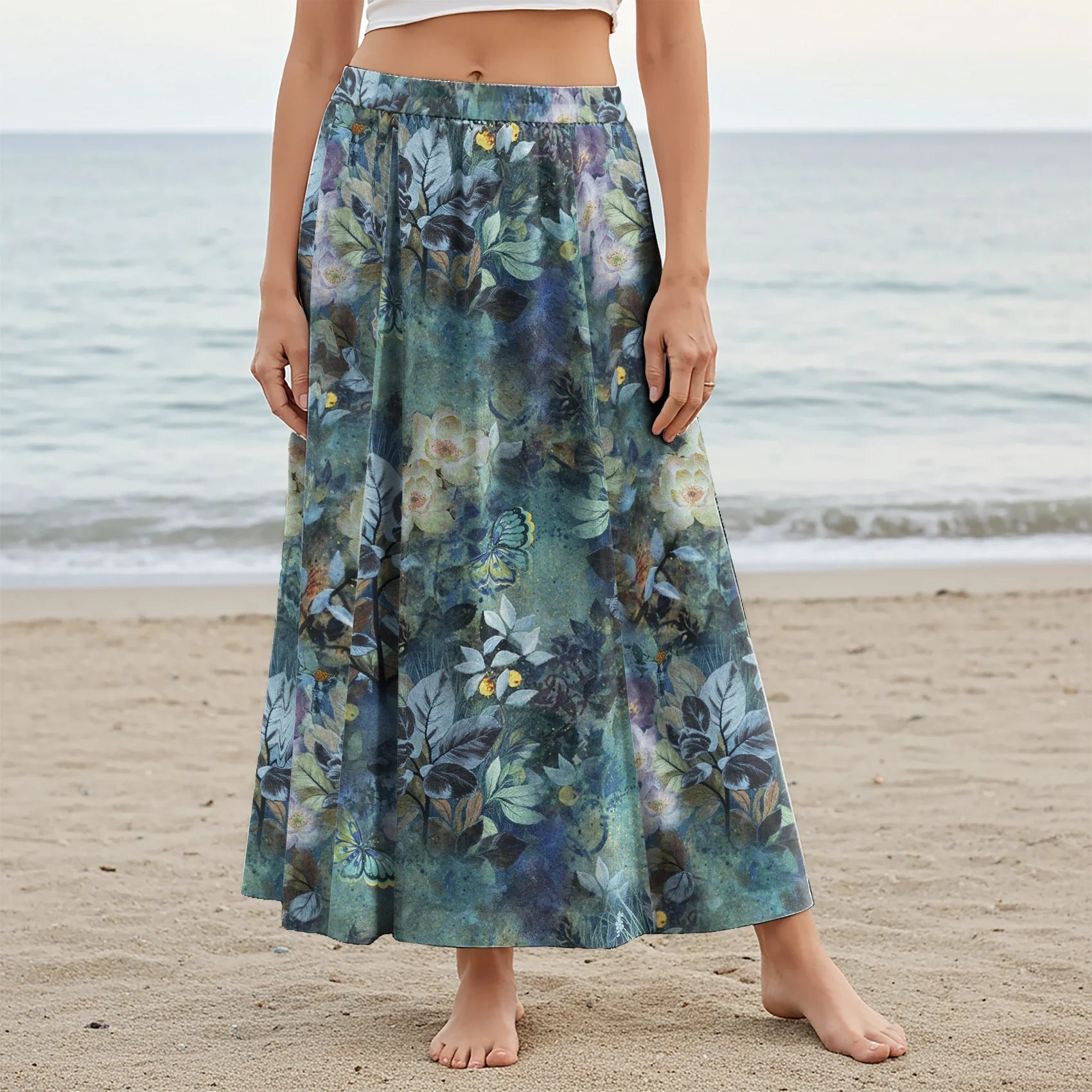 Women Casual Maxi Skirt Long Elastic Waist with Pockets 100% Cotton Green Aloha Garden In The Mist