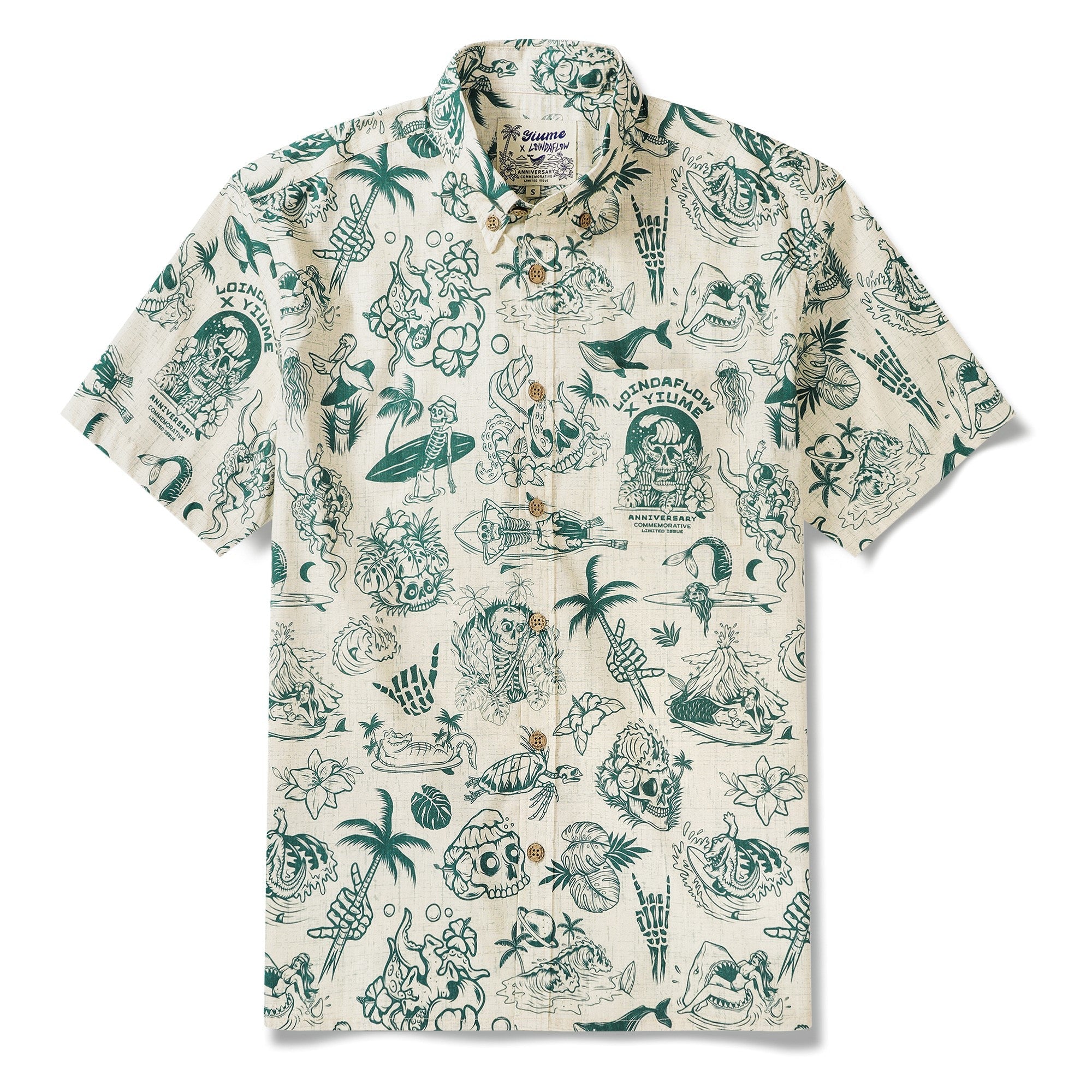 Men's Hawaiian Shirt Short Sleeve Button-down 100% Cotton Beige Aloha Yiume X Loinda Flow Anniversary Gem By Loinda Flow