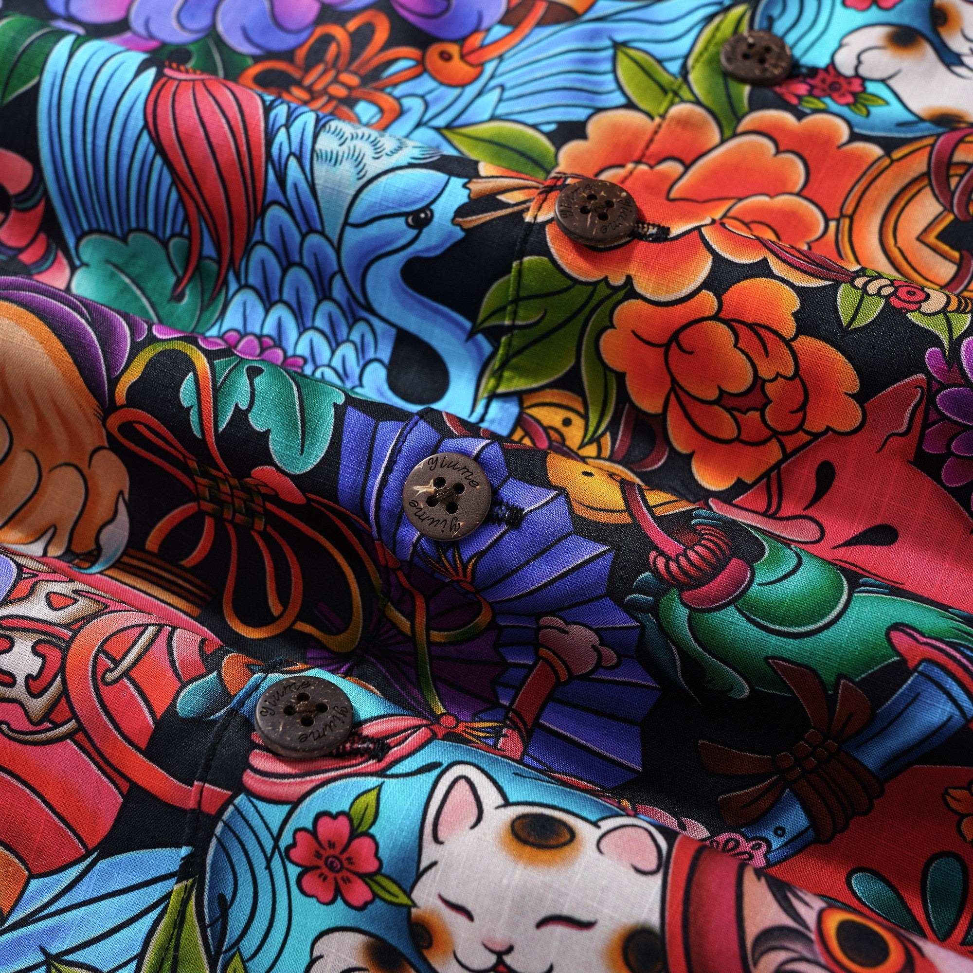 Men's Hawaiian Shirt Short Sleeve Camp Collar 100% Cotton Black Aloha Tokyo Whimsy By Geetanjali Behera, Gee