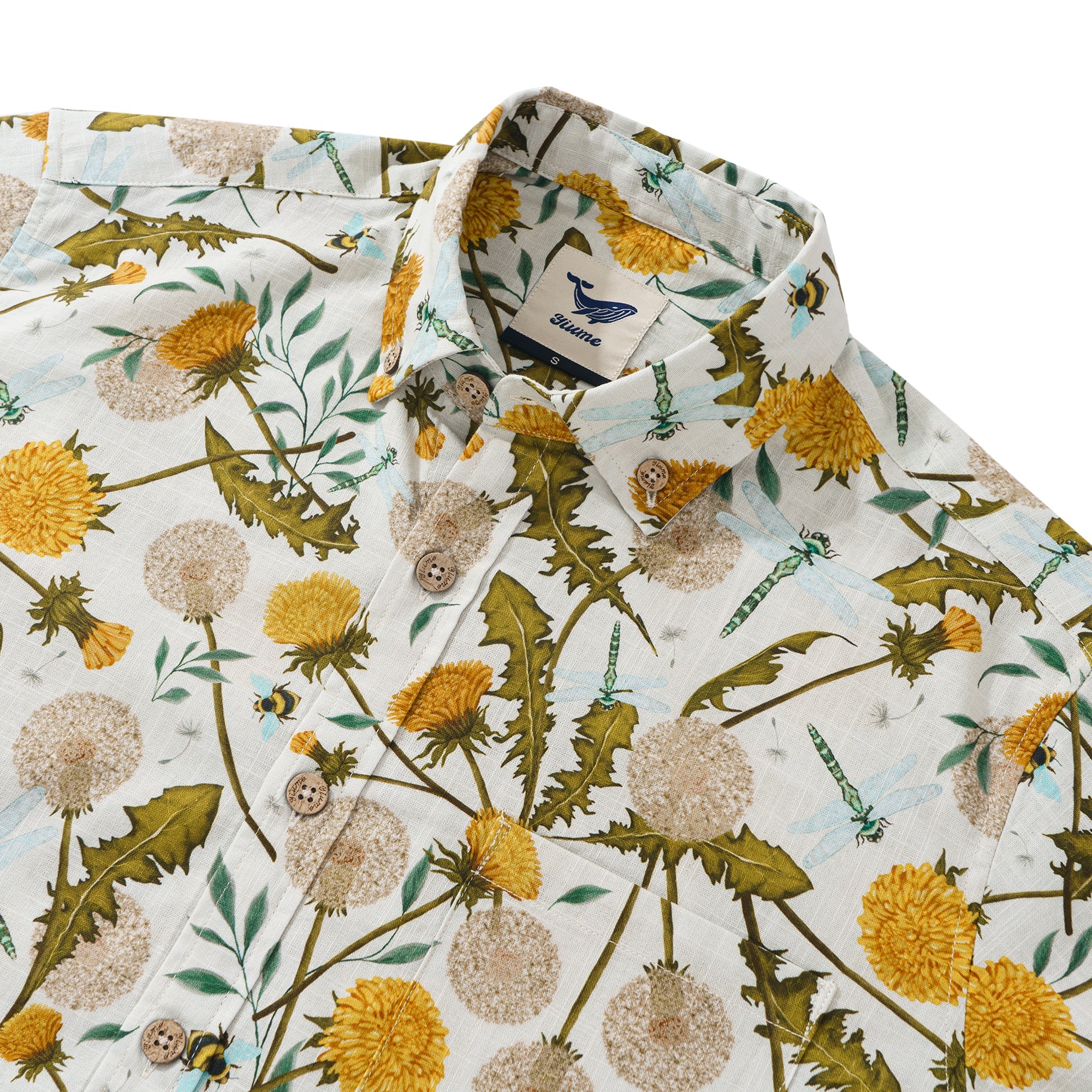 Dandelion Dreams and Dragonfly Delight By Silver Steer Design 100% Cotton Men's Aloha Hawaiian Long Sleeve Button-down Shirt