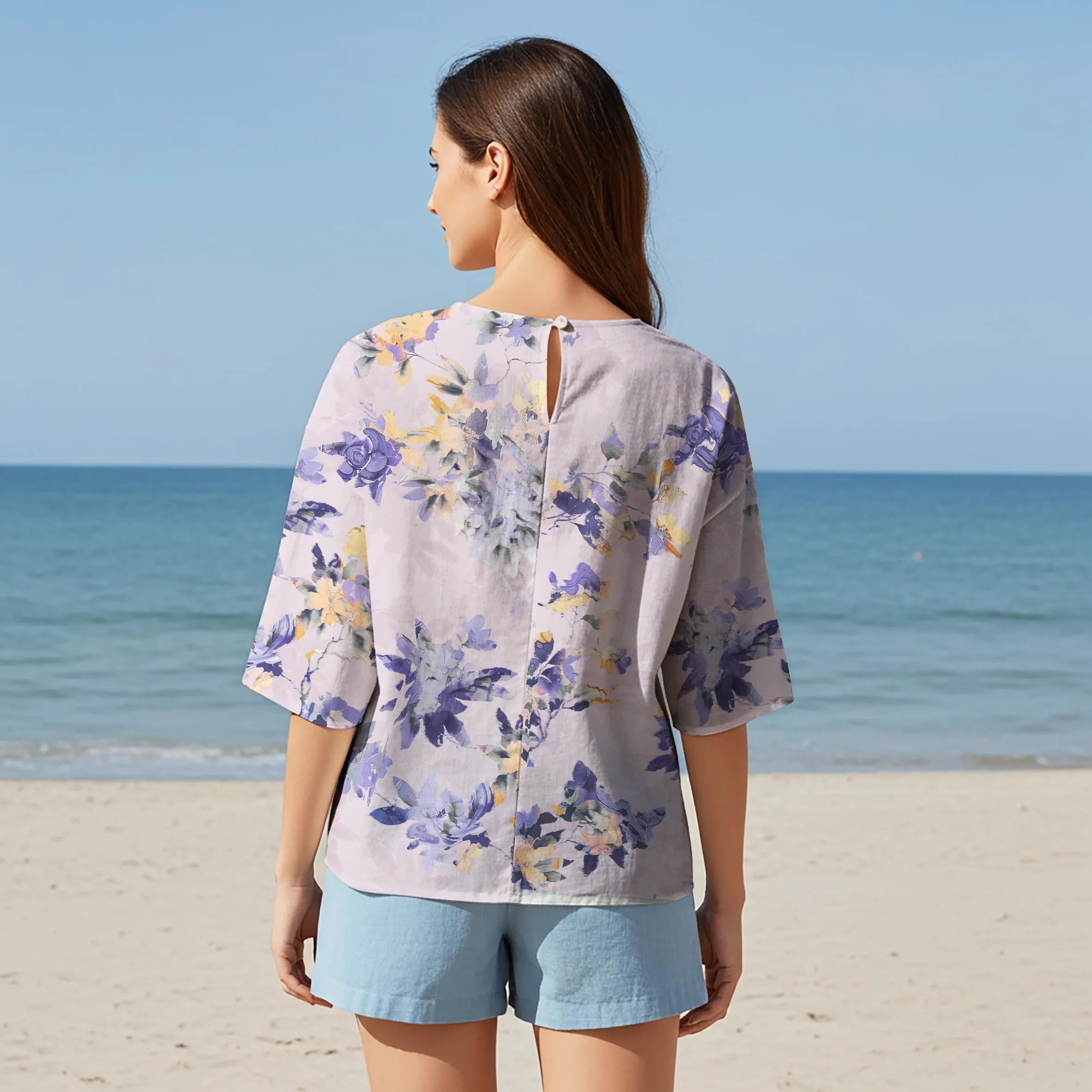 Women Casual Blouse Elbow Sleeve Round Neck Button-Back 95% Tencel, 5% Linen Purple Aloha Ethereal Purple Blossoms