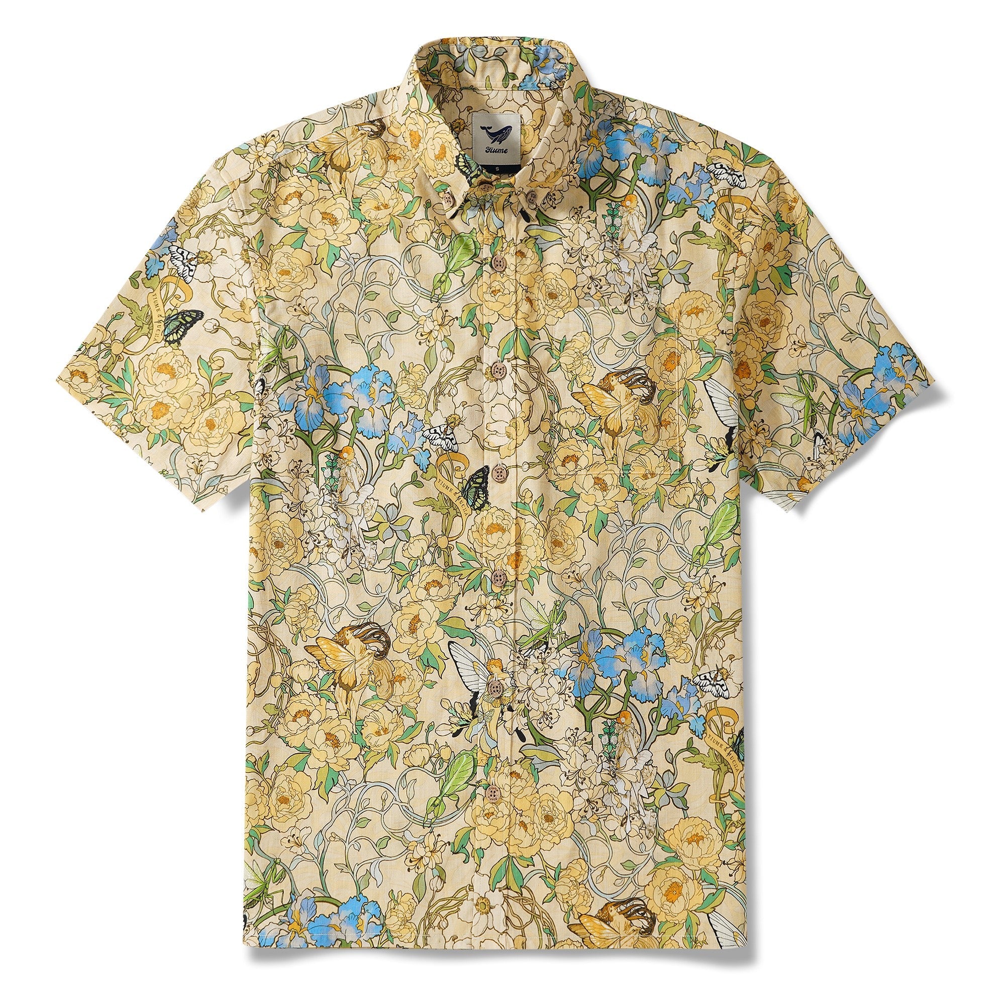 Men's Hawaiian Shirt Short Sleeve Button-down 100% Cotton Yellow Aloha Hawaiian Mucha’s Flora & Fauna Whimsy
