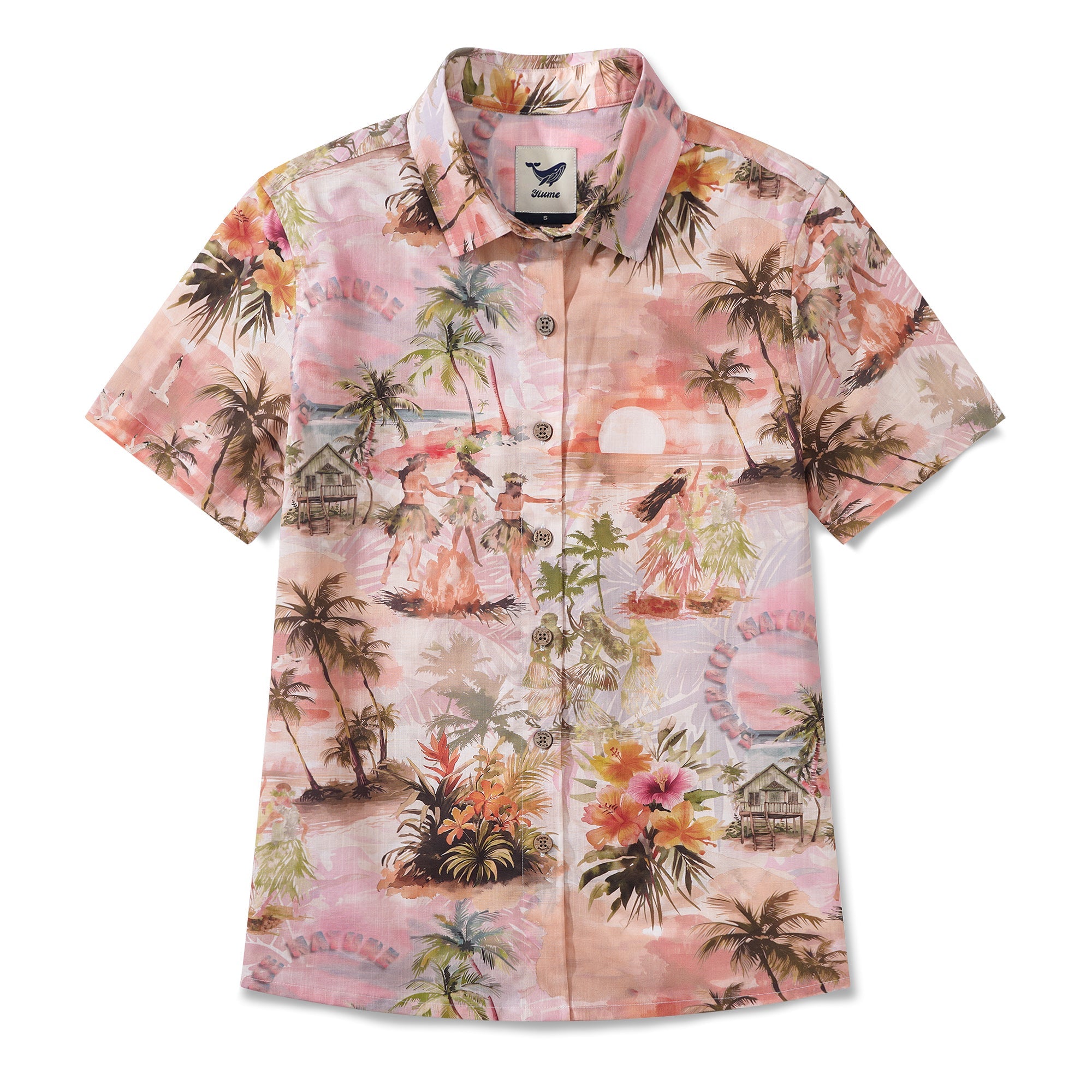 Relaxing Tropical Vibes 100% Cotton Women's Short Sleeve Button-up Shirt Beige Aloha Hawaiian