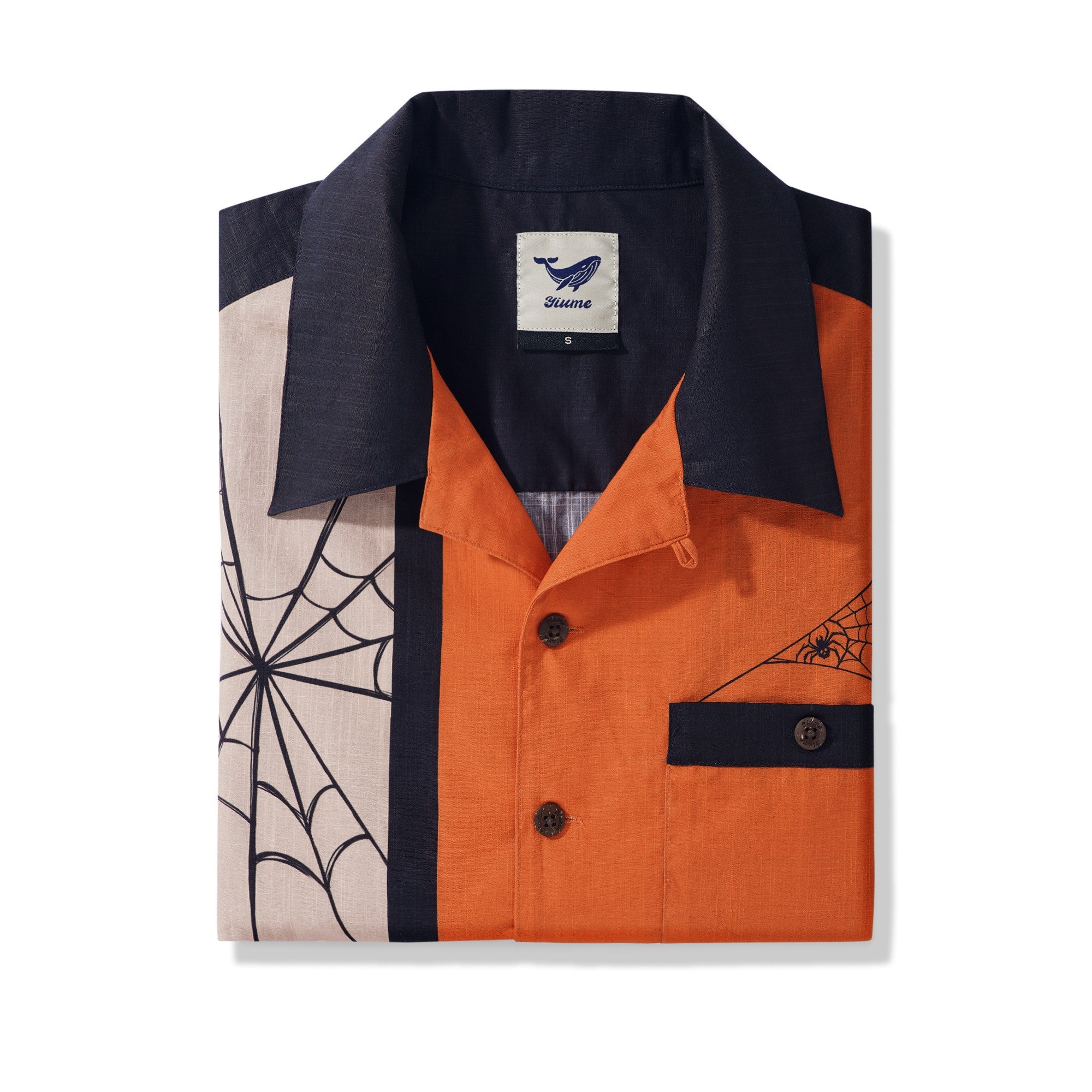 Men's Hawaiian Shirt Short Sleeve Camp Collar 100% Cotton Black Aloha Spider Pumpkin Lantern