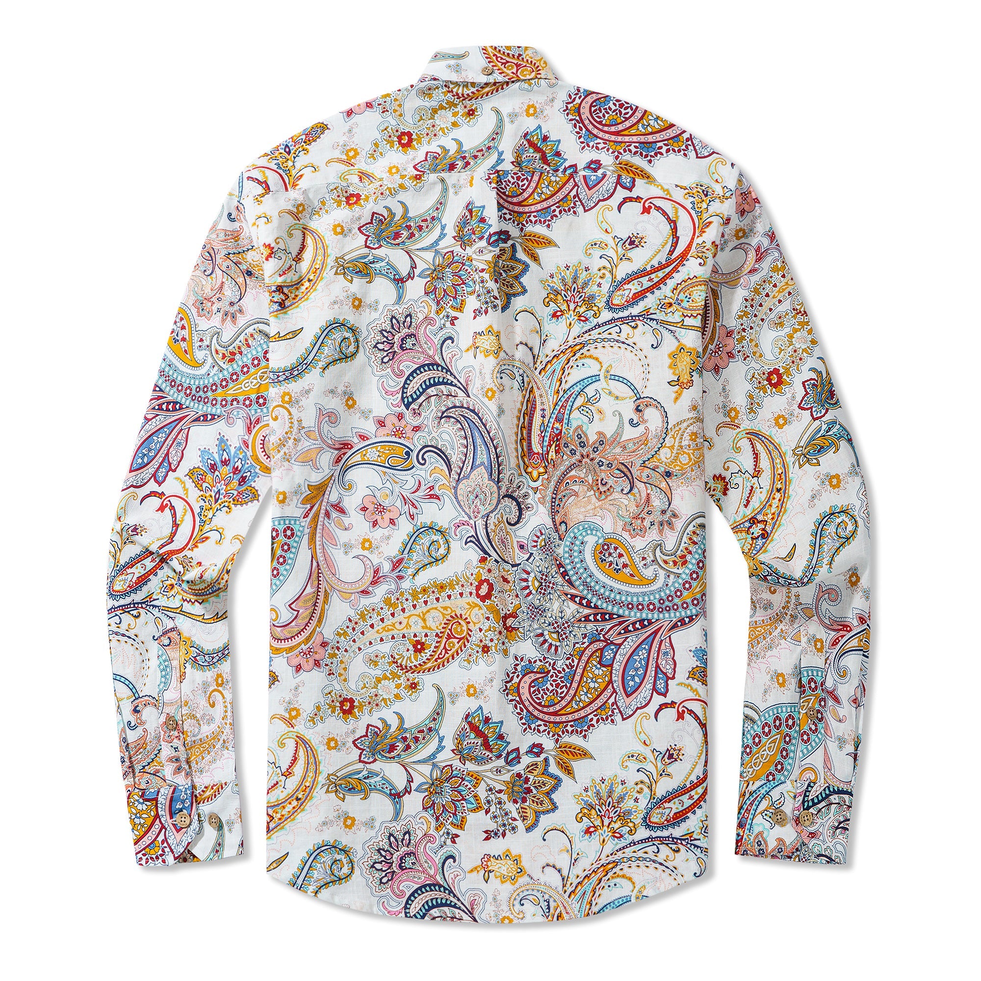 Dance of Paisley 100% Cotton Men's Long Sleeve Button-down Shirt White Aloha Hawaiian