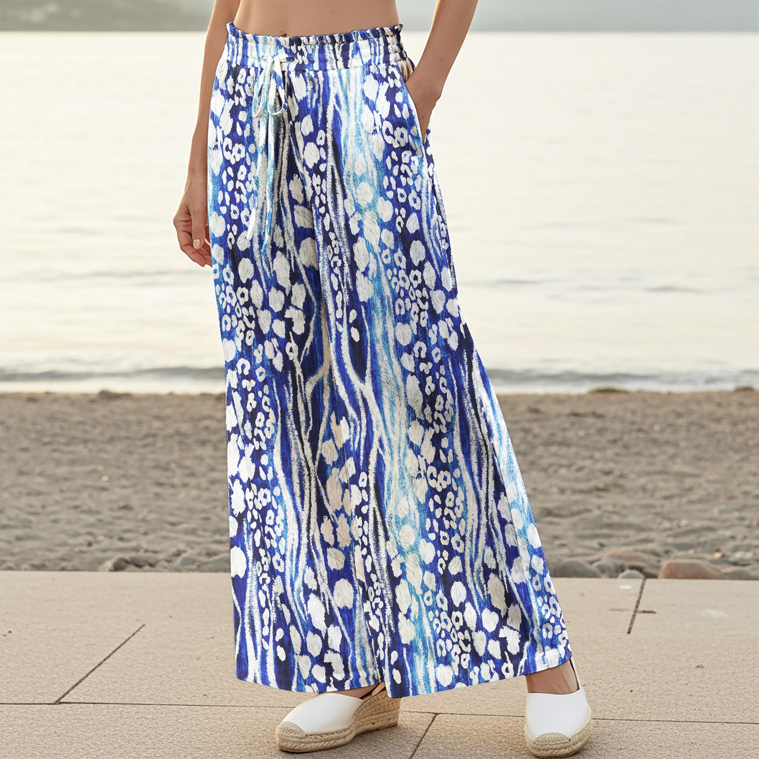Women Casual Pants Lounge Elastic Waist Drawstring with Pockets 100% Cotton Blue Aloha Blue Flame Leopard Print Art